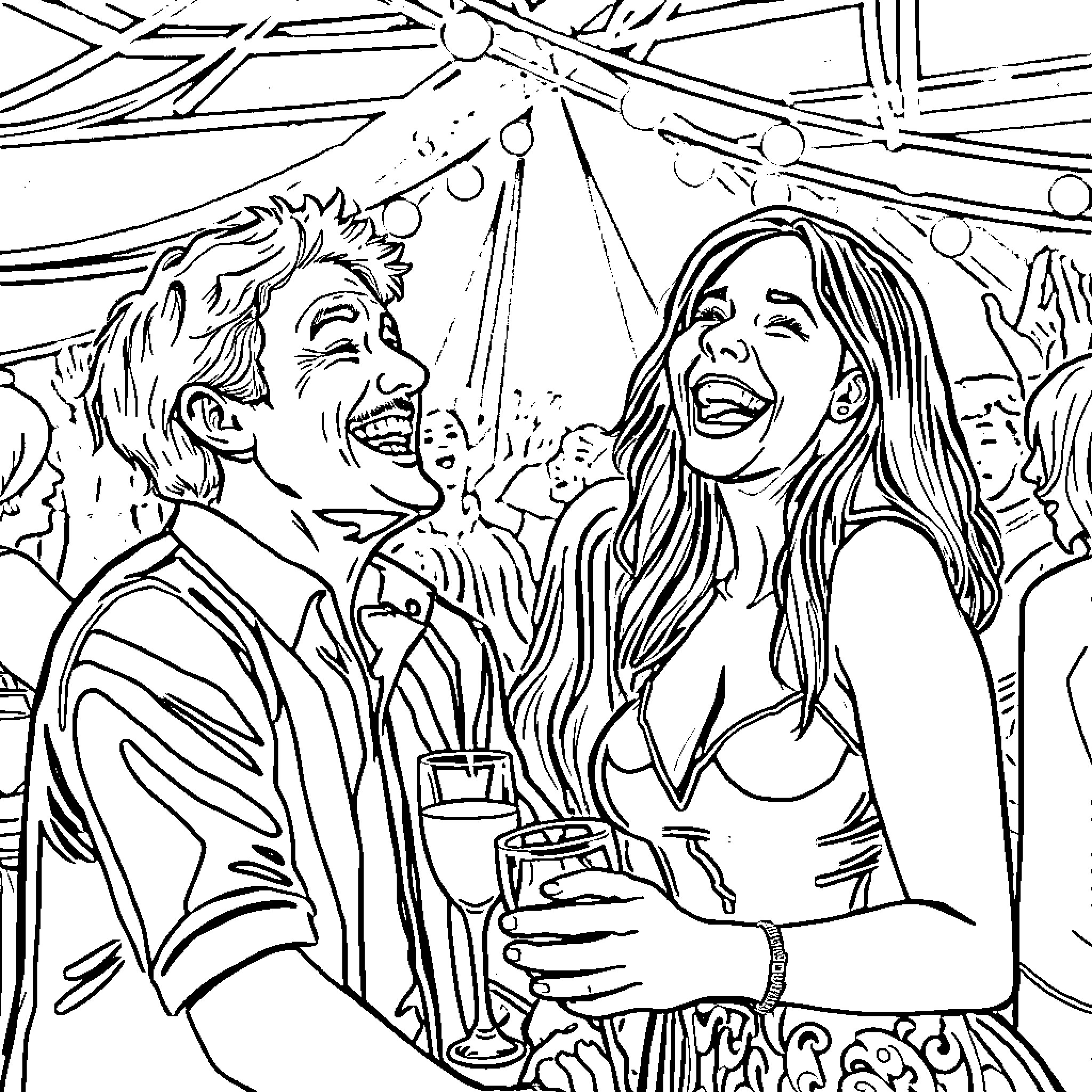 Wednesday Night Out at a Lively Gathering Coloring Page (free black-and-white line drawing printable PDF for all, from beginners to advanced learners, including children, teens, adults, and seniors)