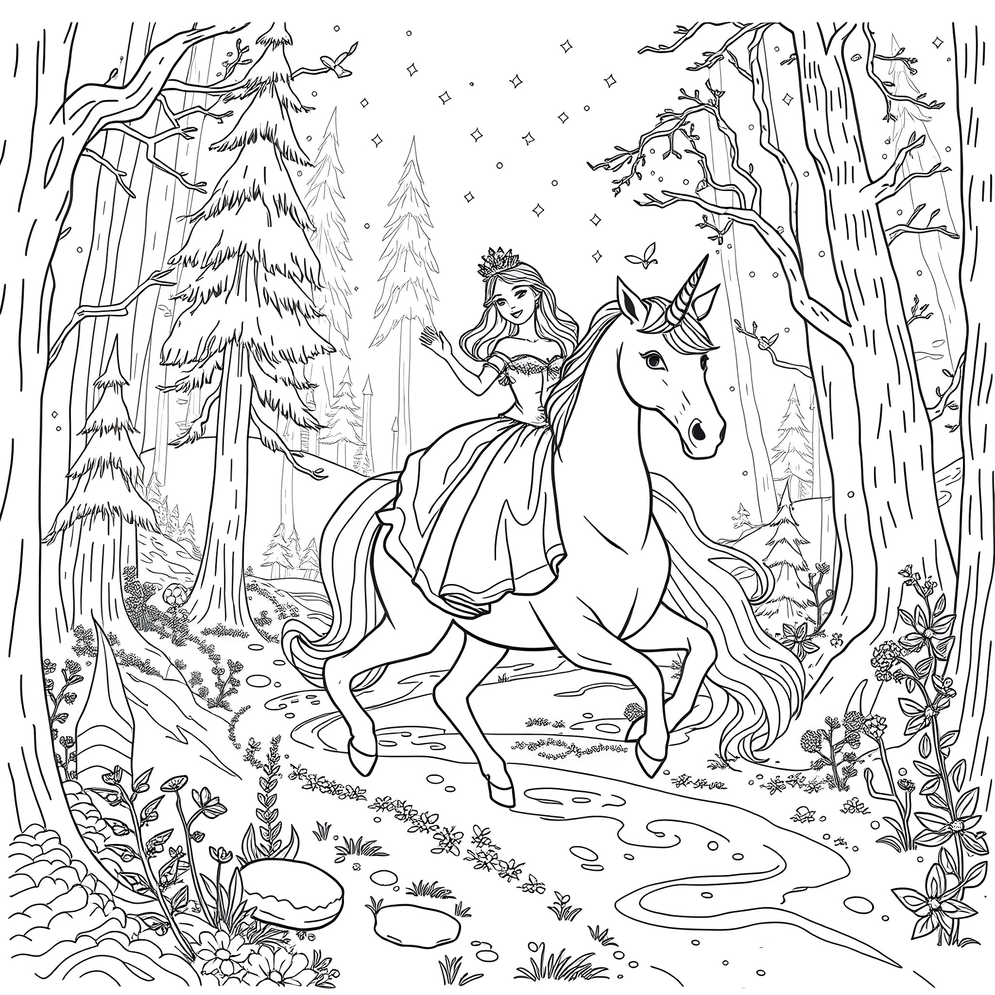 Princess Riding Unicorn Through Enchanted Forest Coloring Page (free black-and-white line drawing printable PDF for all, from beginners to advanced learners, including children, teens, adults, and seniors)