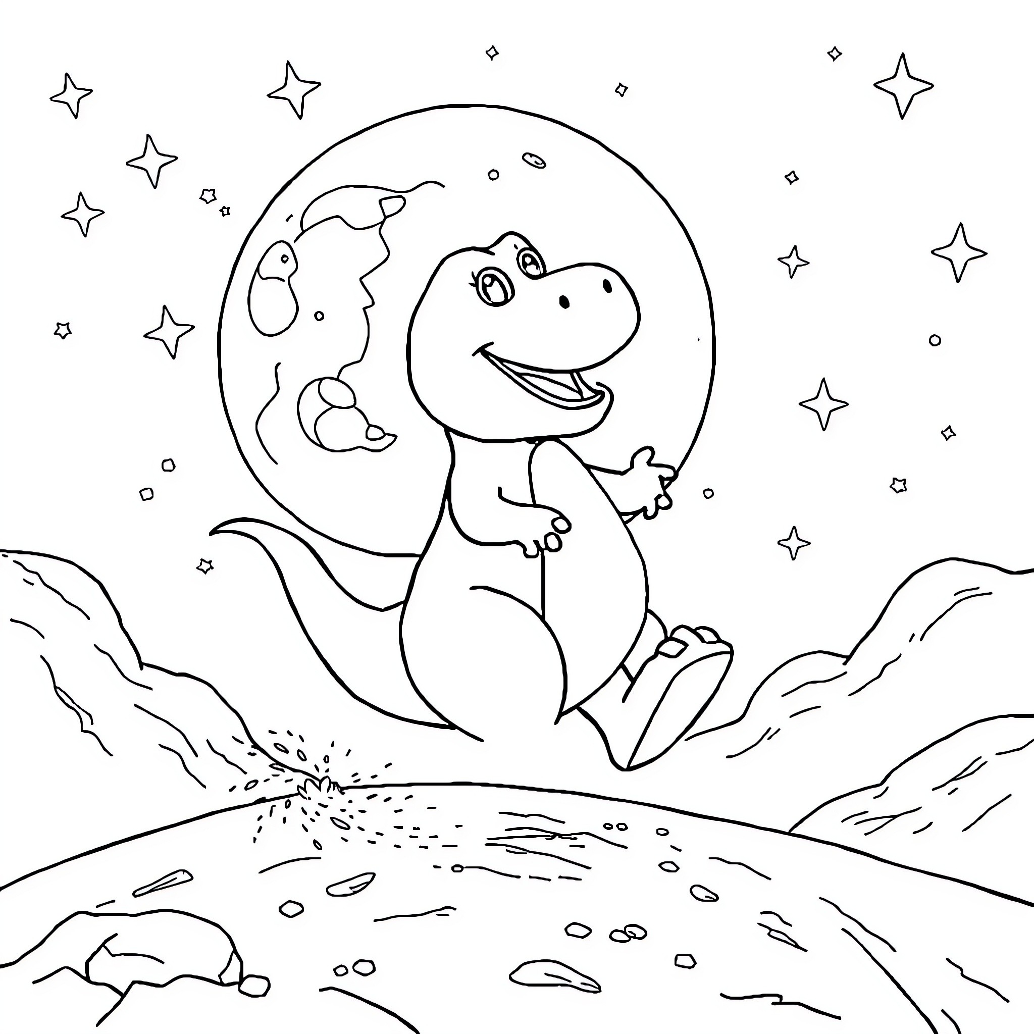 Barney exploring the starry night sky Coloring Page (free black-and-white line drawing printable PDF for all, from beginners to advanced learners, including children, teens, adults, and seniors)