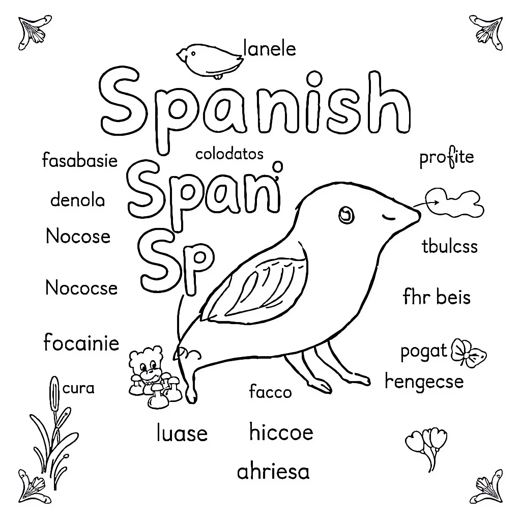 Spanish words and a bird illustration Coloring Page (free black-and-white line drawing printable PDF for all, from beginners to advanced learners, including children, teens, adults, and seniors)