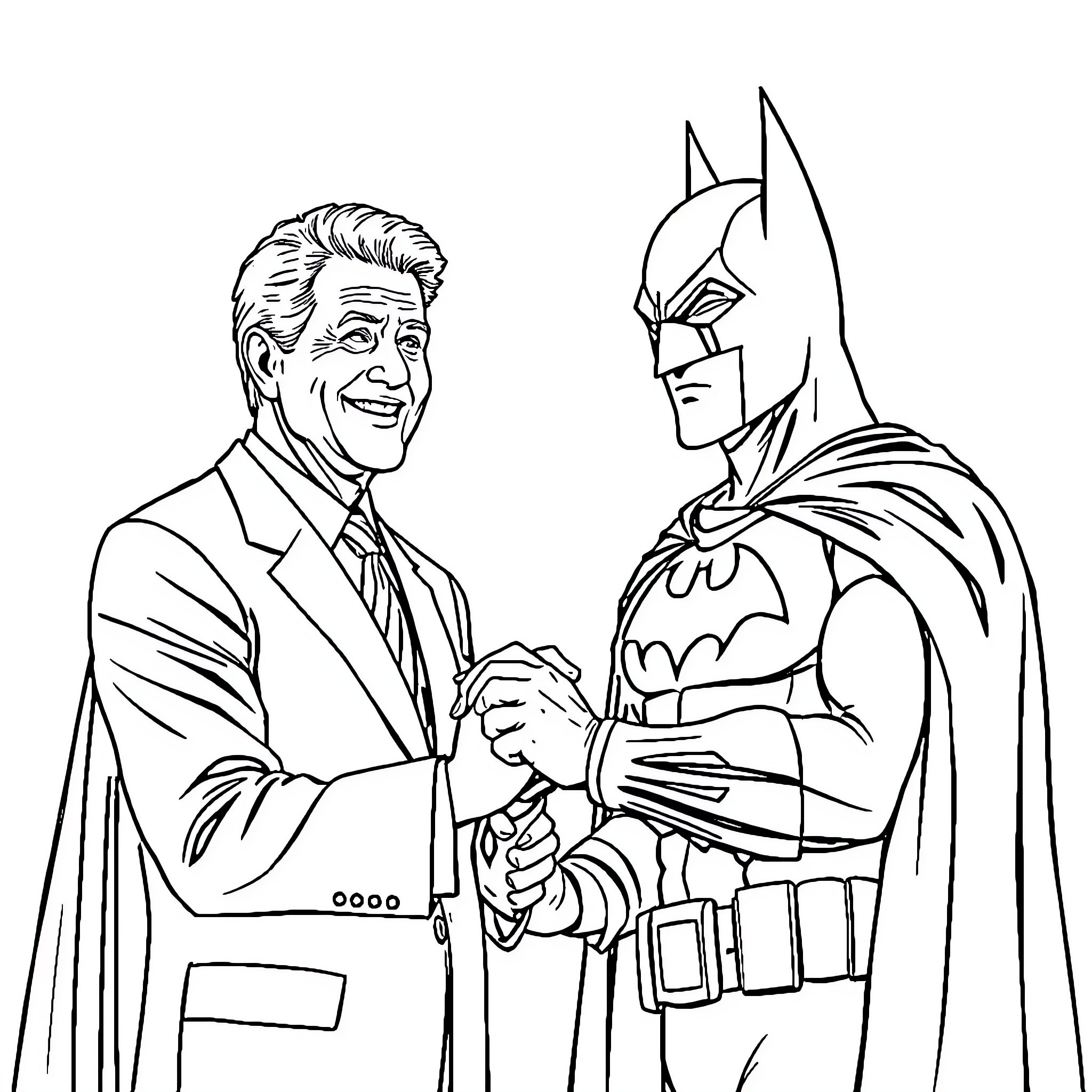 Bill Clinton and Batman shaking hands Coloring Page (free black-and-white line drawing printable PDF for all, from beginners to advanced learners, including children, teens, adults, and seniors)
