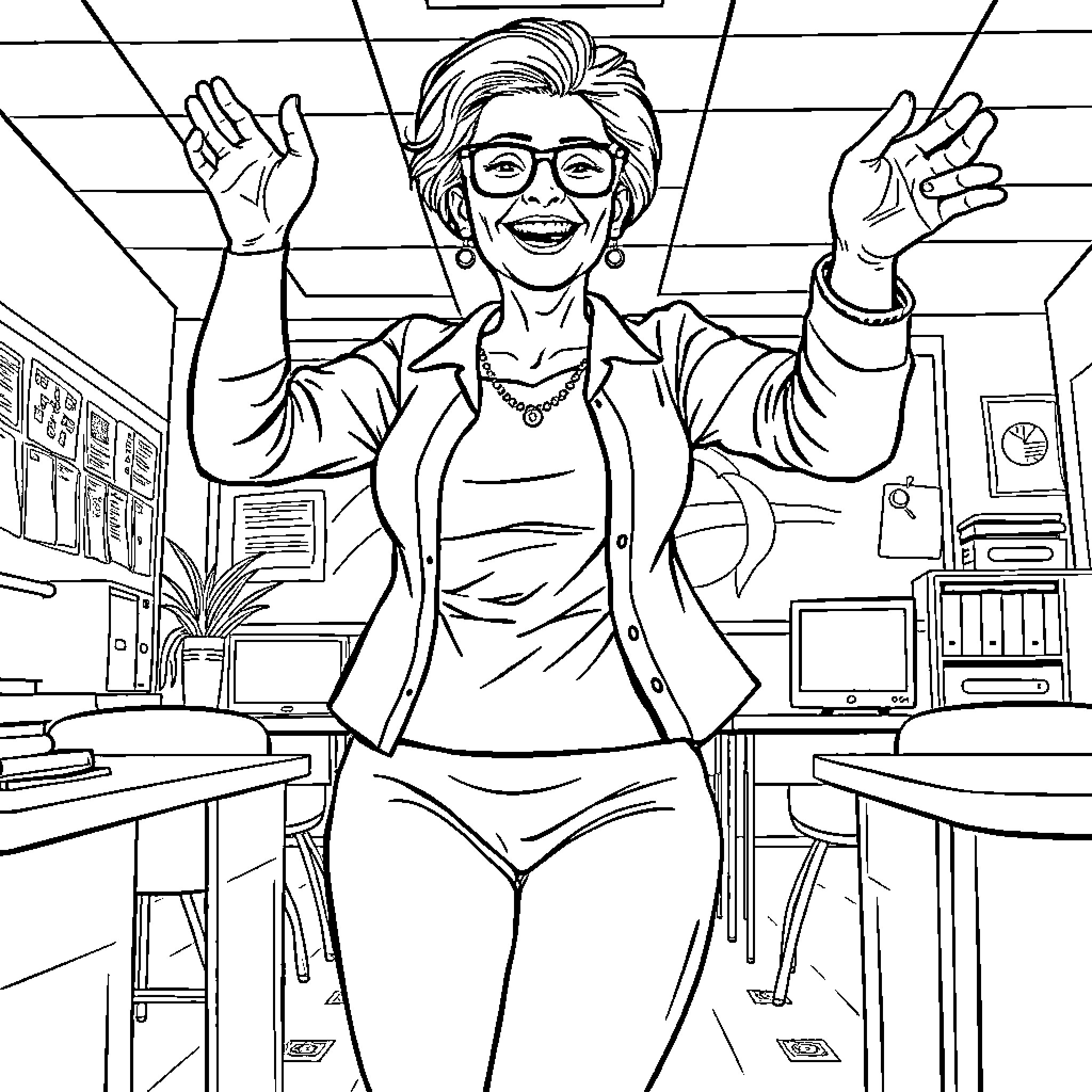 Teacher enthusiastically engaging with students in the classroom Coloring Page (free black-and-white line drawing printable PDF for all, from beginners to advanced learners, including children, teens, adults, and seniors)