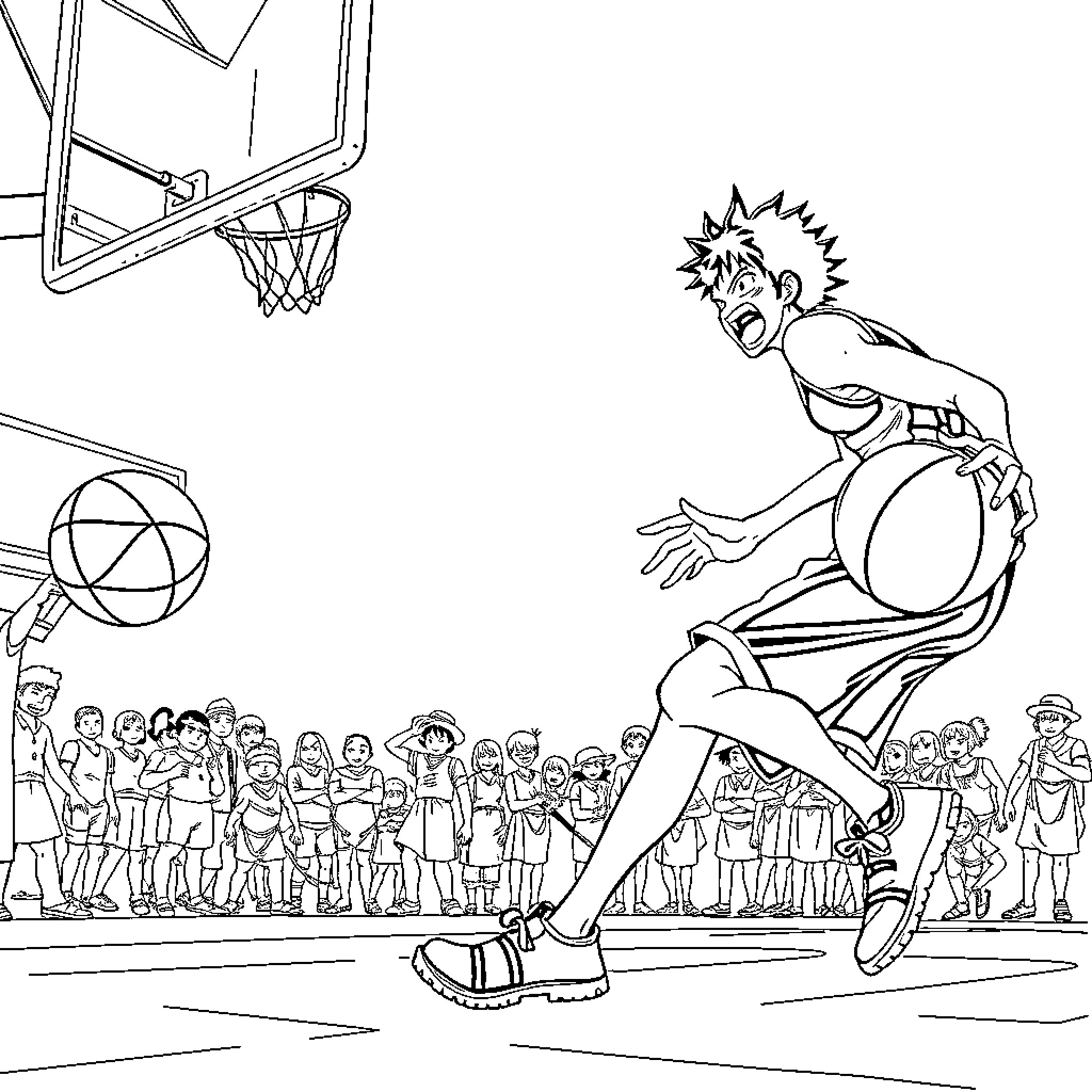 Zoro's Daring Basketball Showdown Coloring Page (free black-and-white line drawing printable PDF for all, from beginners to advanced learners, including children, teens, adults, and seniors)