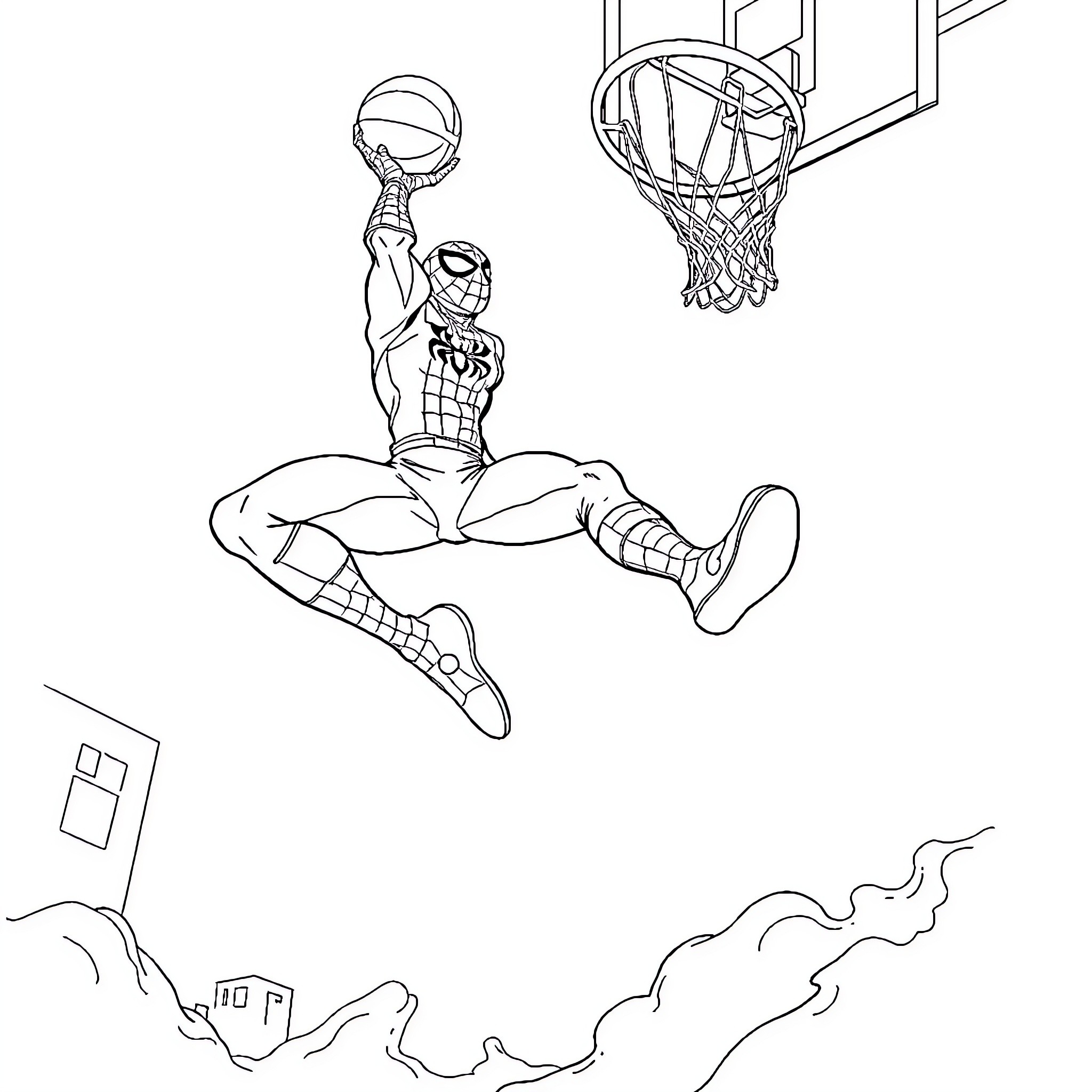 Spiderman leaping to dunk a basketball Coloring Page (free black-and-white line drawing printable PDF for all, from beginners to advanced learners, including children, teens, adults, and seniors)