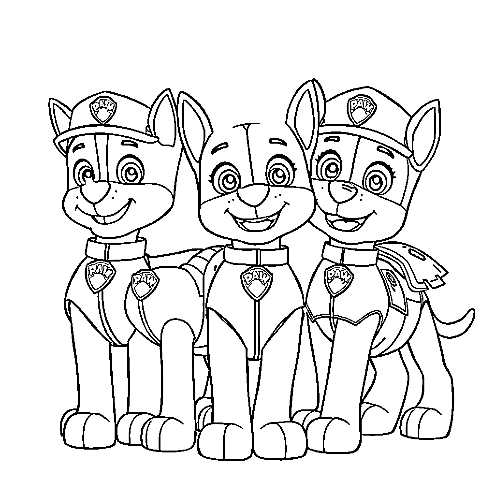 Paw Patrol trio in uniform happily together Coloring Page (free black-and-white line drawing printable PDF for all, from beginners to advanced learners, including children, teens, adults, and seniors)
