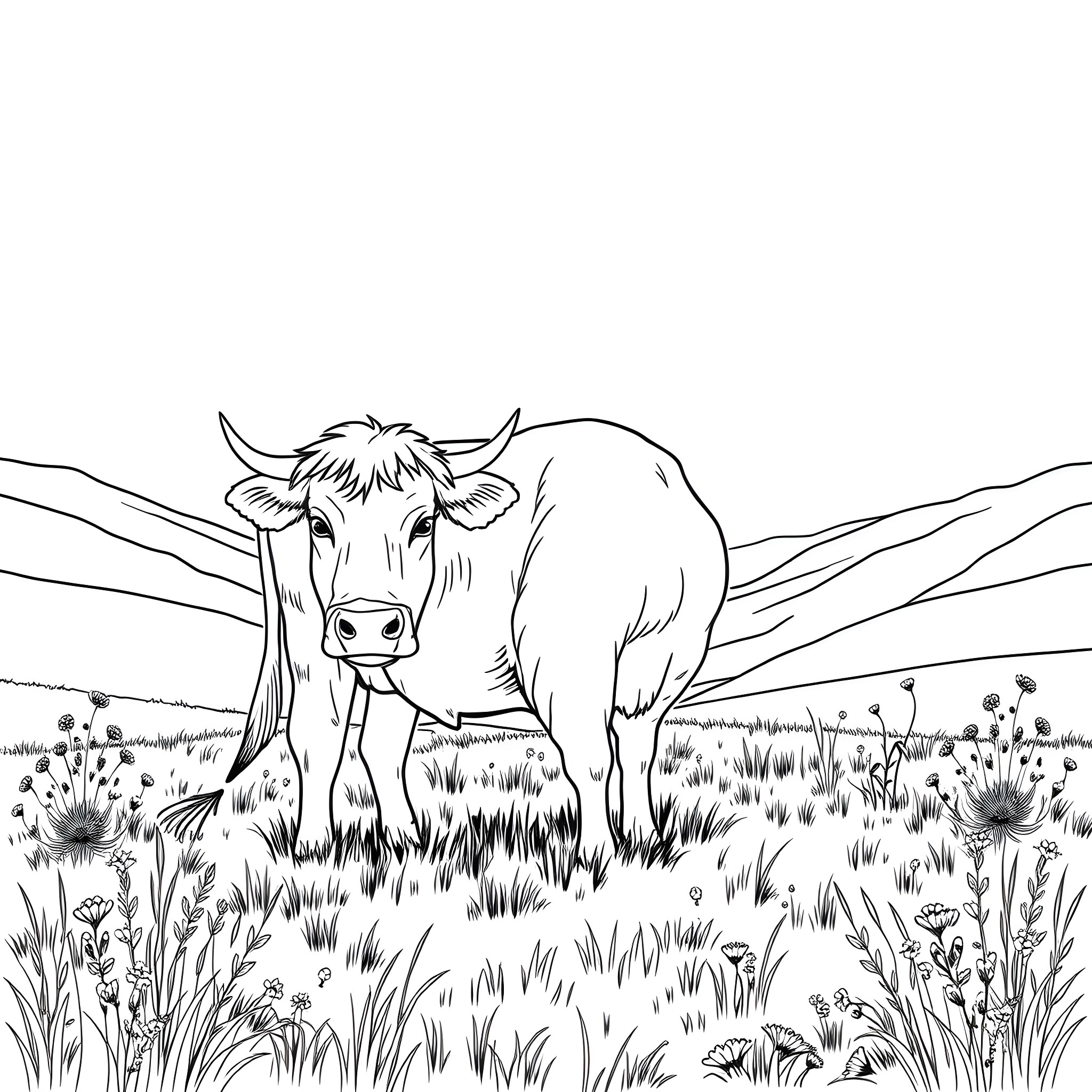 Highland Cow standing in a lush meadow Coloring Page (free black-and-white line drawing printable PDF for all, from beginners to advanced learners, including children, teens, adults, and seniors)