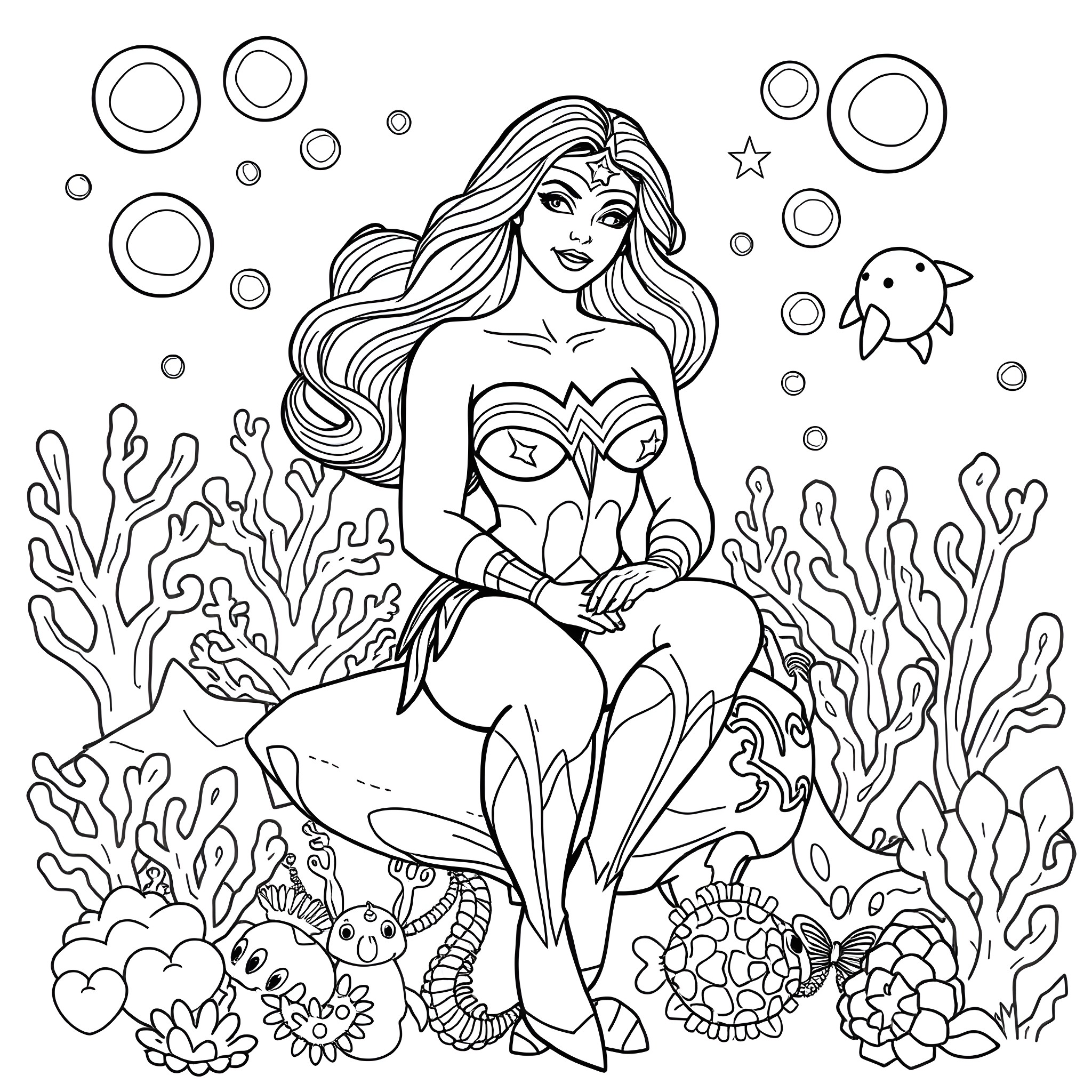 Wonder Woman Underwater Adventure with Marine Life Coloring Page (free black-and-white line drawing printable PDF for all, from beginners to advanced learners, including children, teens, adults, and seniors)
