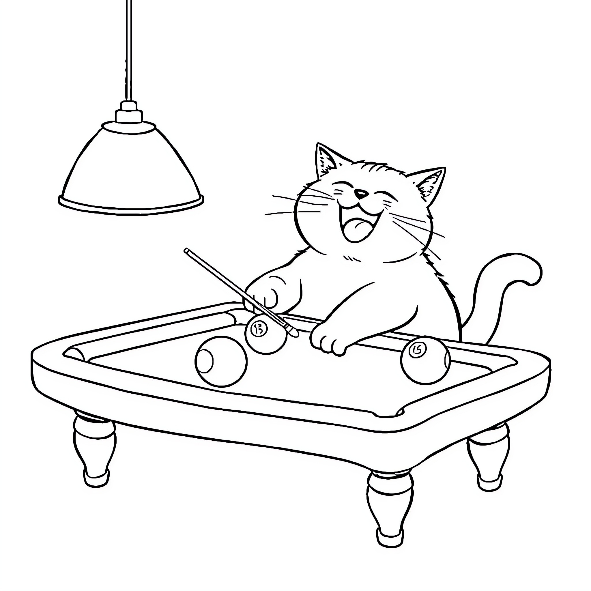 Cat playing with pool balls on a table Coloring Page (free black-and-white line drawing printable PDF for all, from beginners to advanced learners, including children, teens, adults, and seniors)