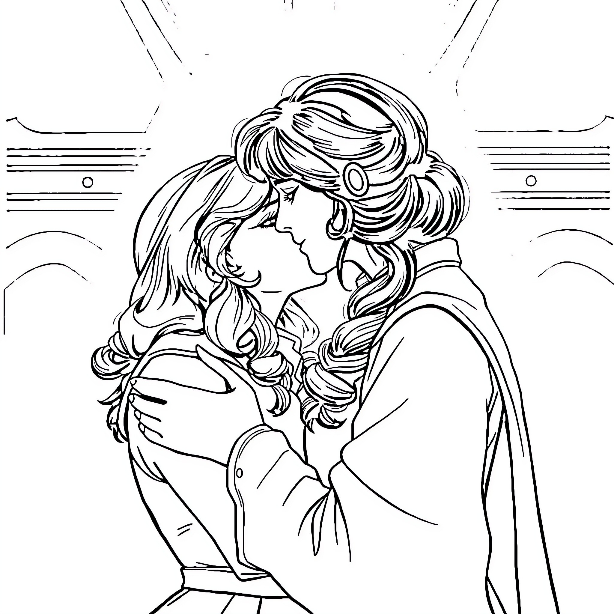 Natasha Romanoff's Romantic Embrace Coloring Page (free black-and-white line drawing printable PDF for all, from beginners to advanced learners, including children, teens, adults, and seniors)