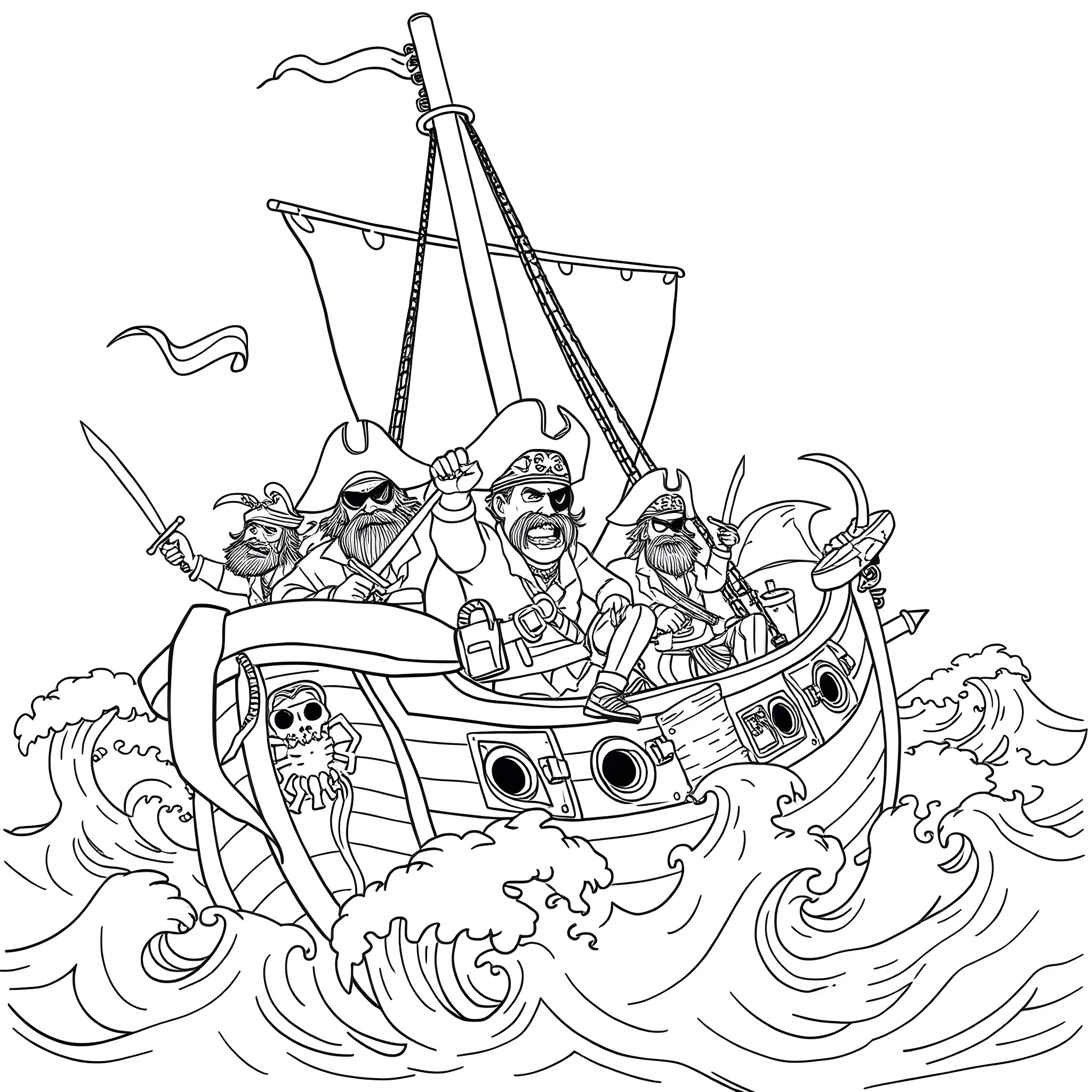 Buccaneer Pirates Sailing on Stormy Seas Coloring Page (free black-and-white line drawing printable PDF for all, from beginners to advanced learners, including children, teens, adults, and seniors)