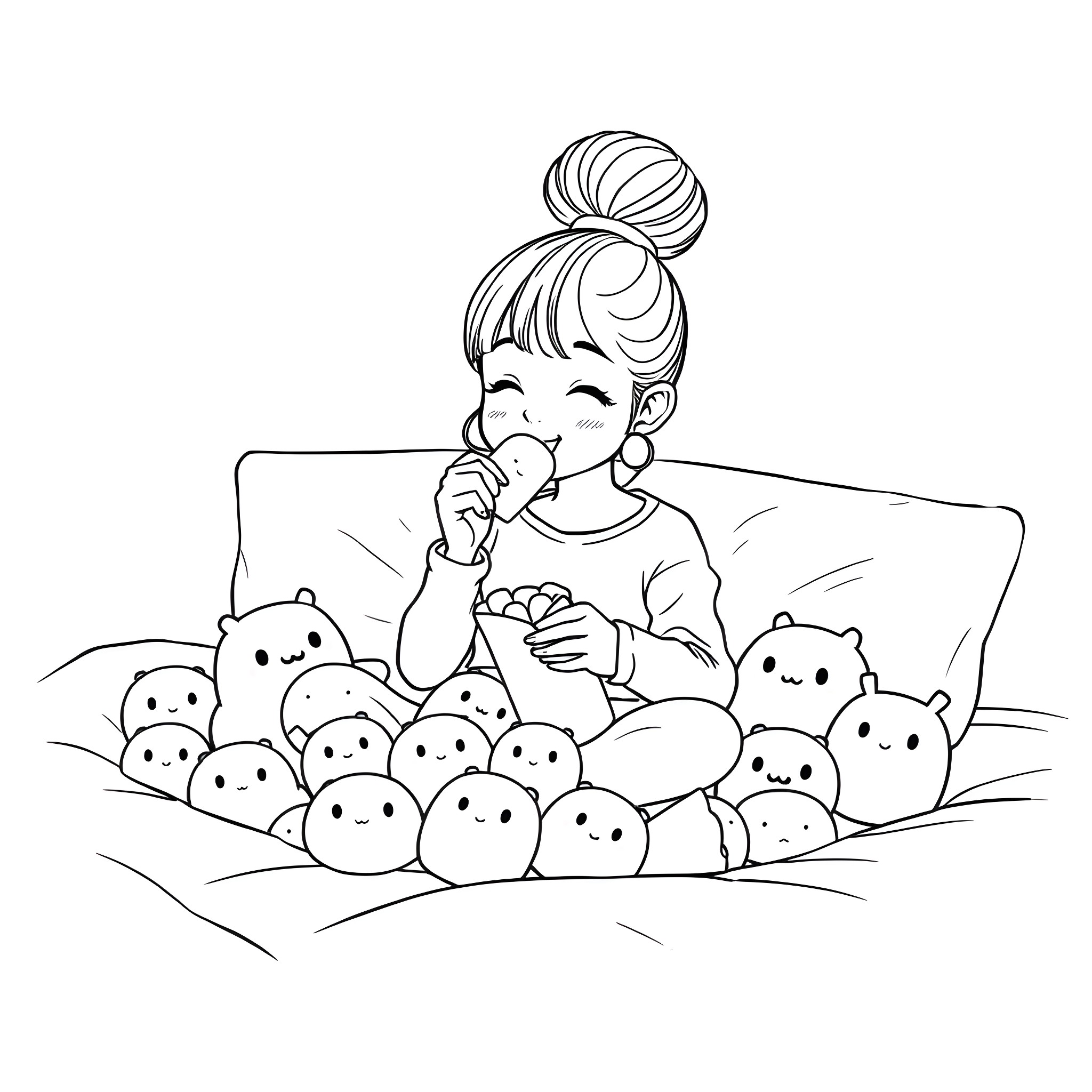 Girl playing with adorable plush toys on bed Coloring Page (free black-and-white line drawing printable PDF for all, from beginners to advanced learners, including children, teens, adults, and seniors)