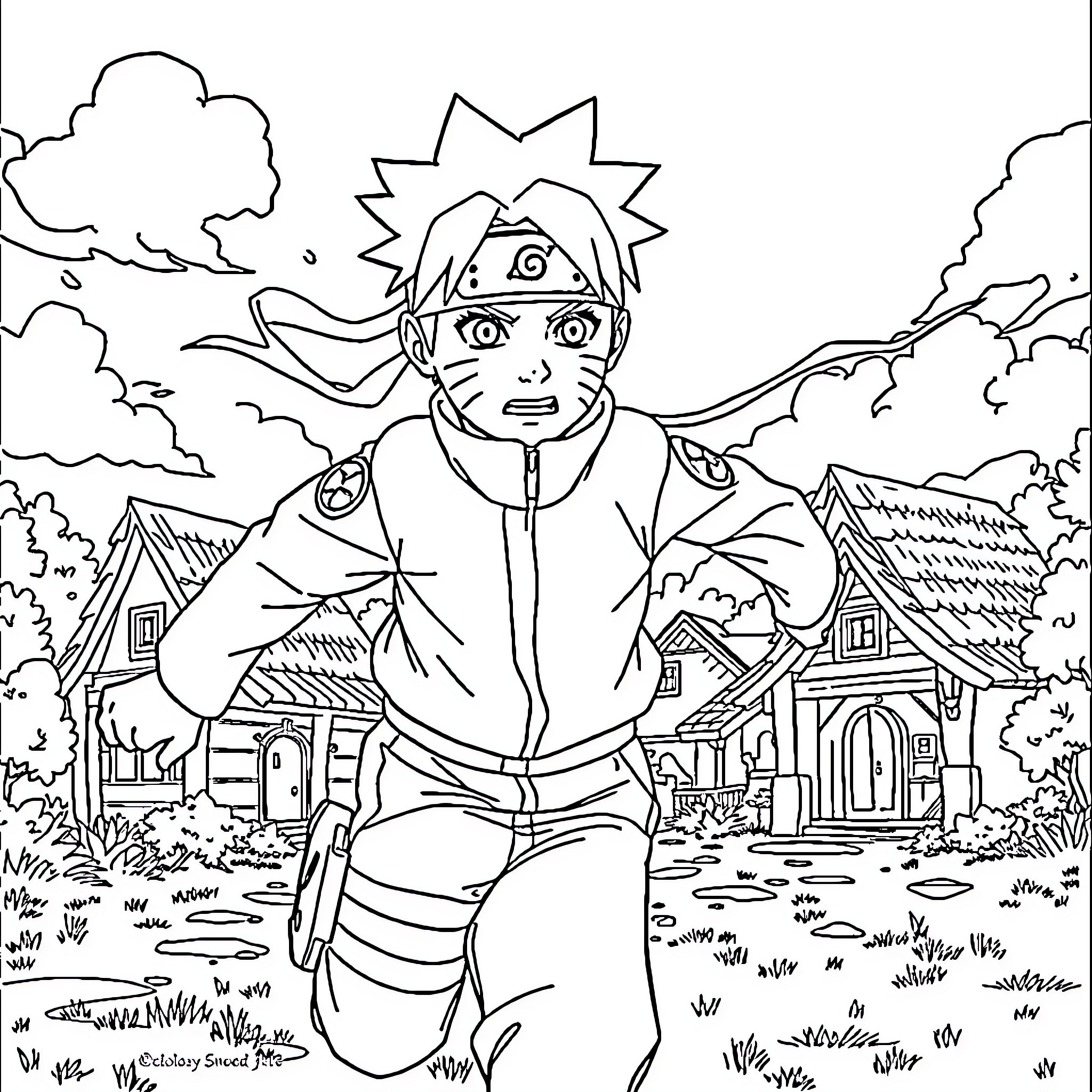 Naruto in an energetic outdoor scene Coloring Page (free black-and-white line drawing printable PDF for all, from beginners to advanced learners, including children, teens, adults, and seniors)