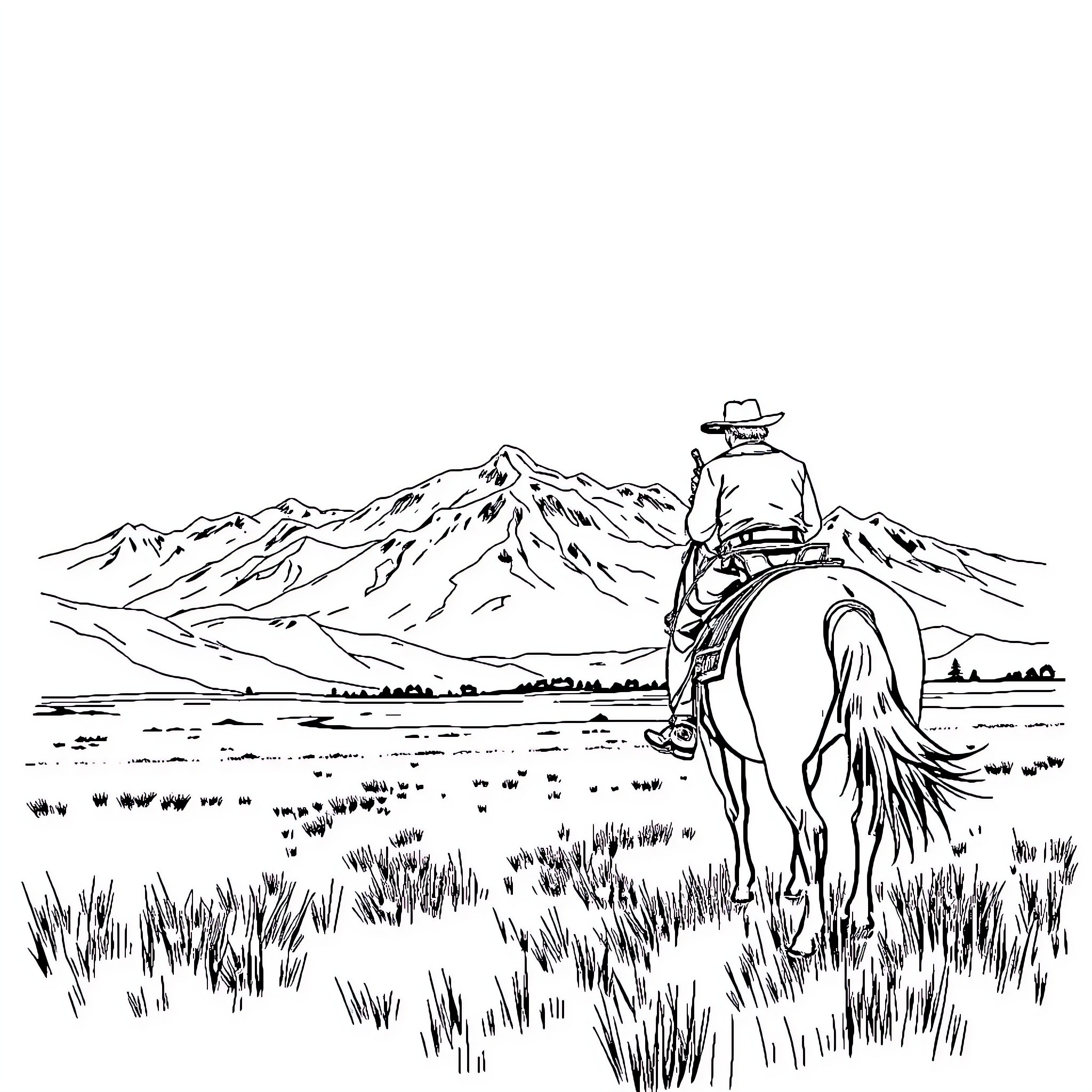 Red Dead Redemption 2 - Lone Rider in the Wild West Coloring Page (free black-and-white line drawing printable PDF for all, from beginners to advanced learners, including children, teens, adults, and seniors)