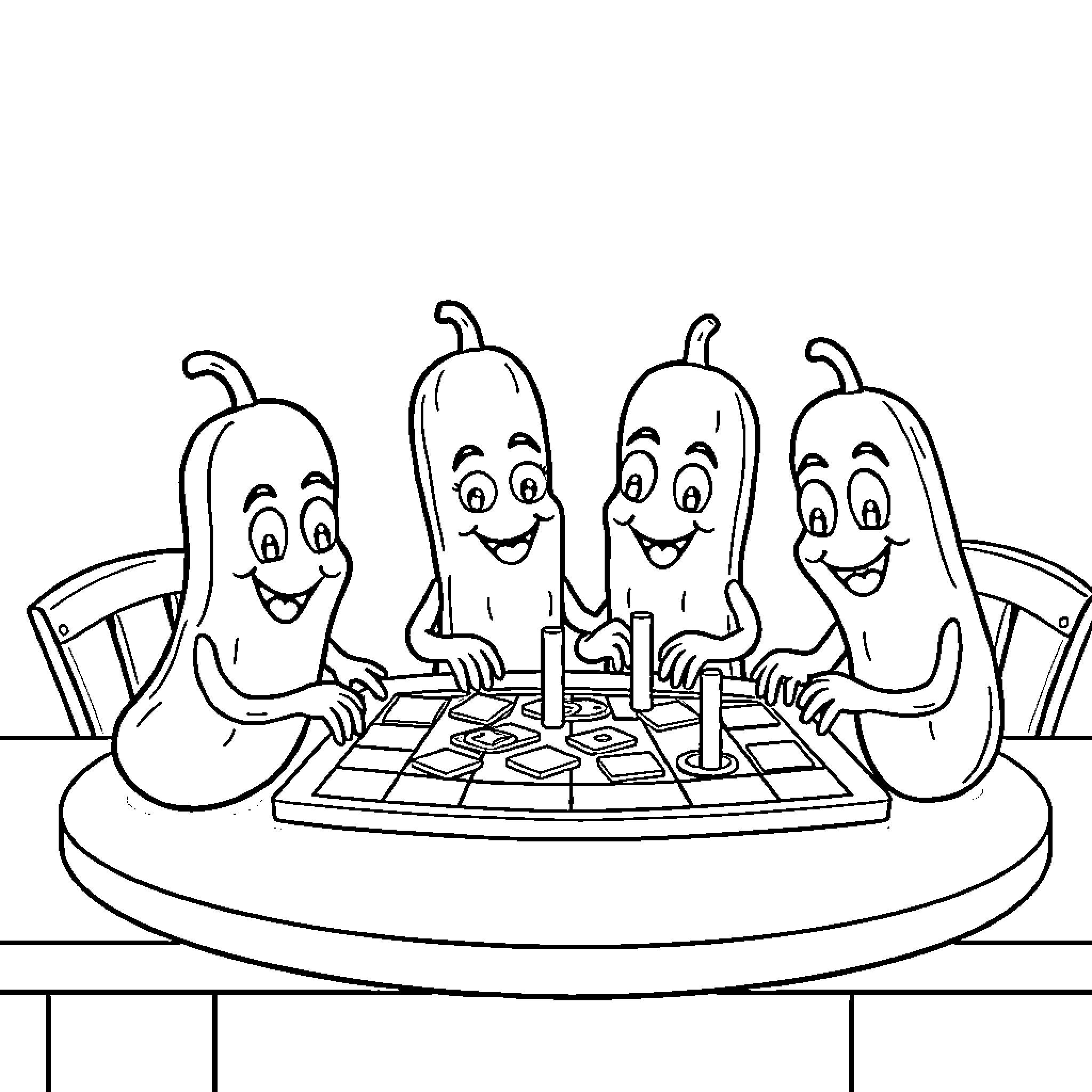 Pickles enjoying a fun board game together Coloring Page (free black-and-white line drawing printable PDF for all, from beginners to advanced learners, including children, teens, adults, and seniors)