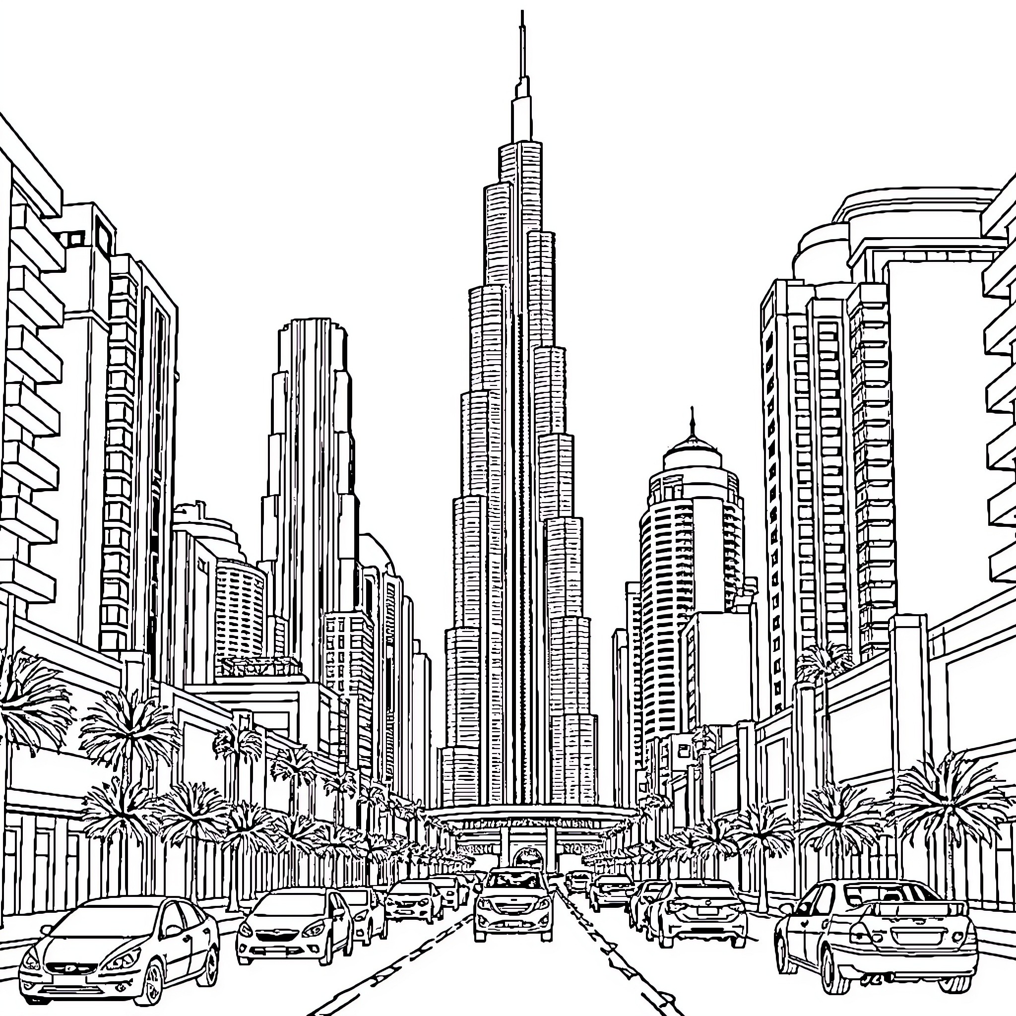 Dubai skyscrapers and busy city street scene Coloring Page (free black-and-white line drawing printable PDF for all, from beginners to advanced learners, including children, teens, adults, and seniors)