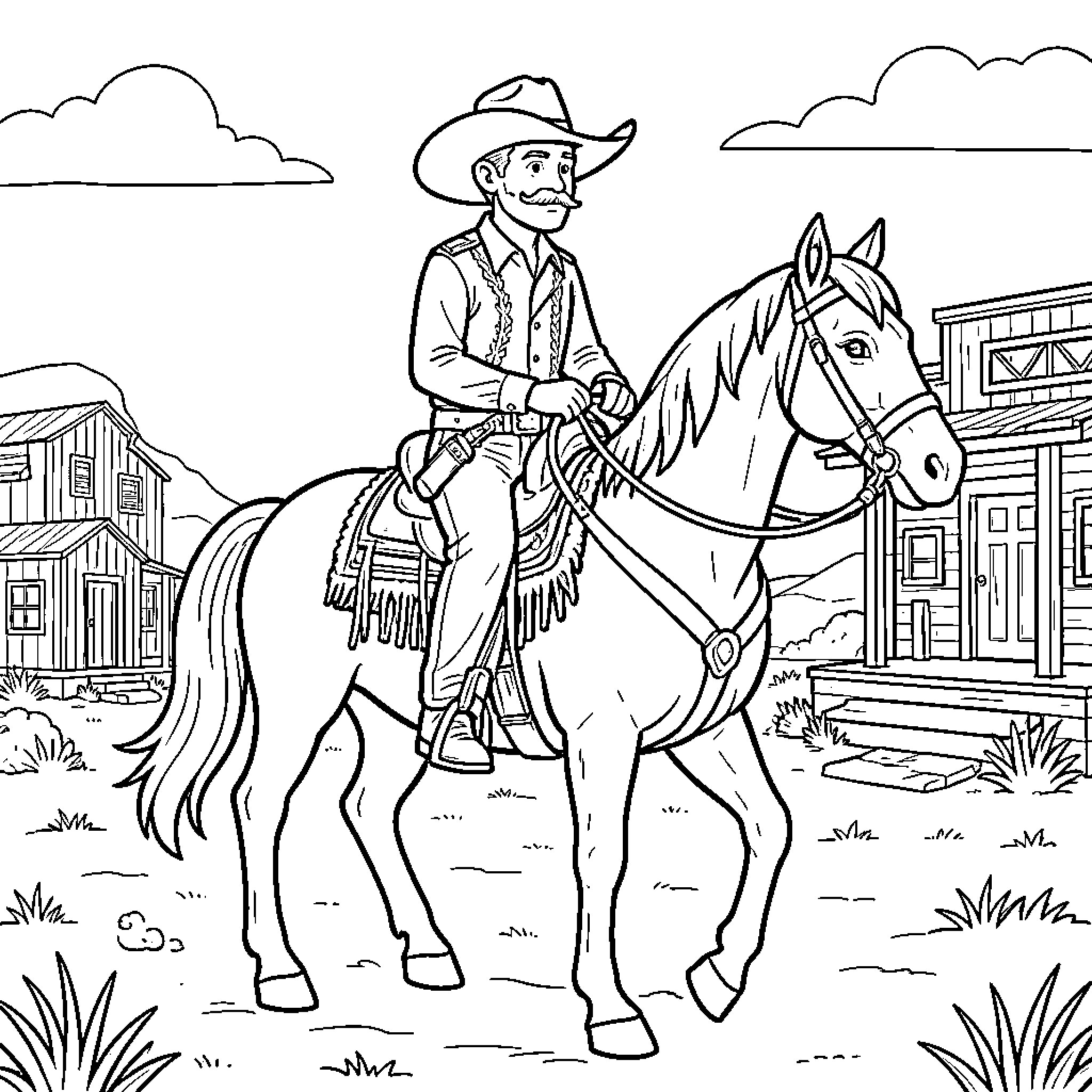 Vaquero on horseback in the western town Coloring Page (free black-and-white line drawing printable PDF for all, from beginners to advanced learners, including children, teens, adults, and seniors)