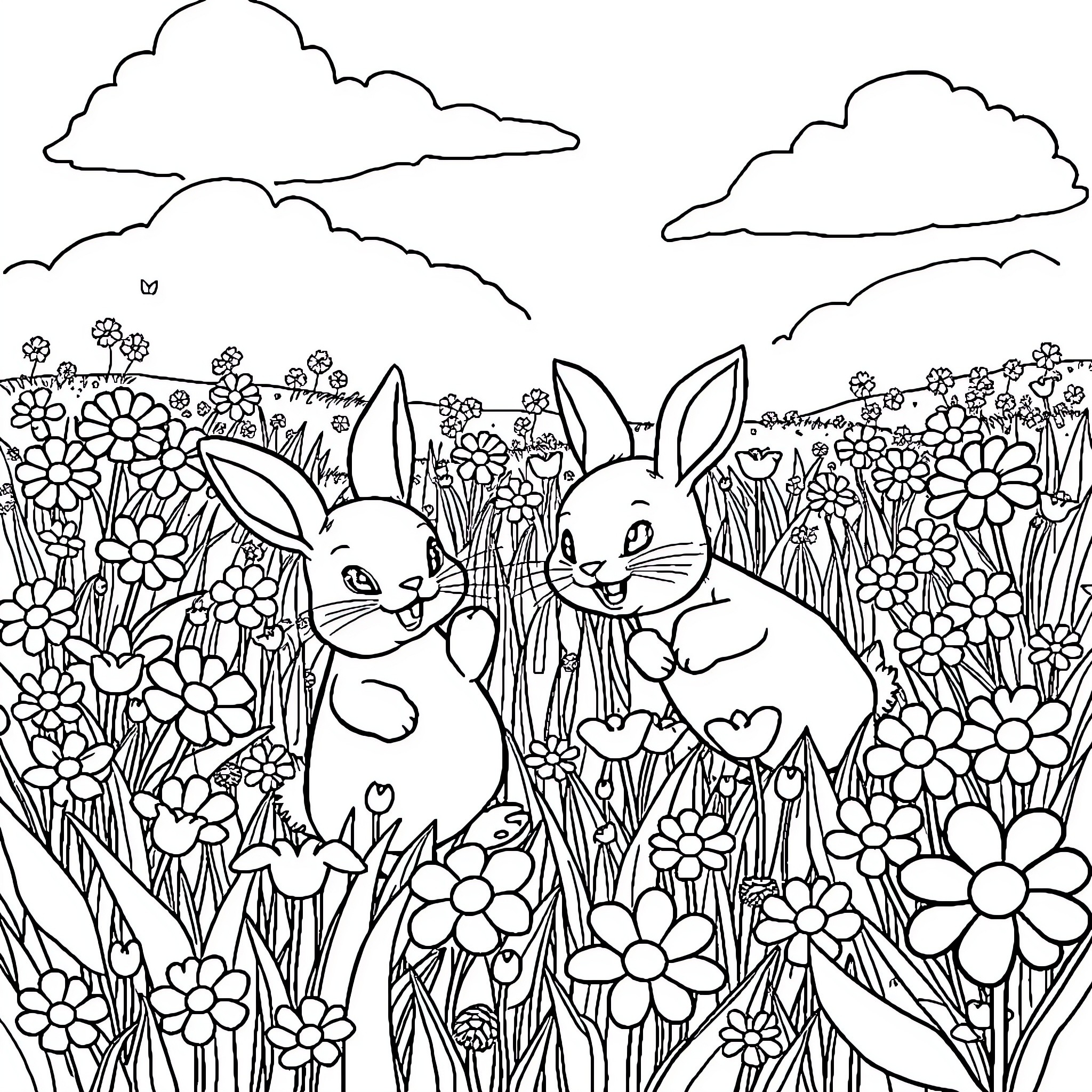 Bunnies playing among flowers in a field Coloring Page (free black-and-white line drawing printable PDF for all, from beginners to advanced learners, including children, teens, adults, and seniors)