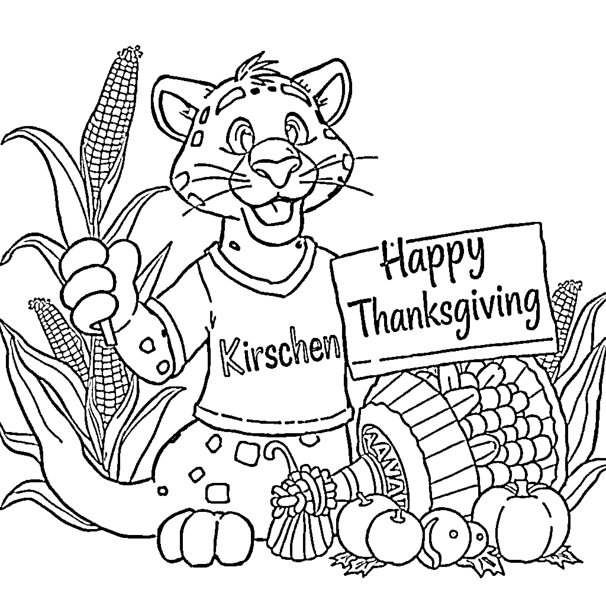 Panther celebrating Thanksgiving with corn and produce Coloring Page (free black-and-white line drawing printable PDF for all, from beginners to advanced learners, including children, teens, adults, and seniors)