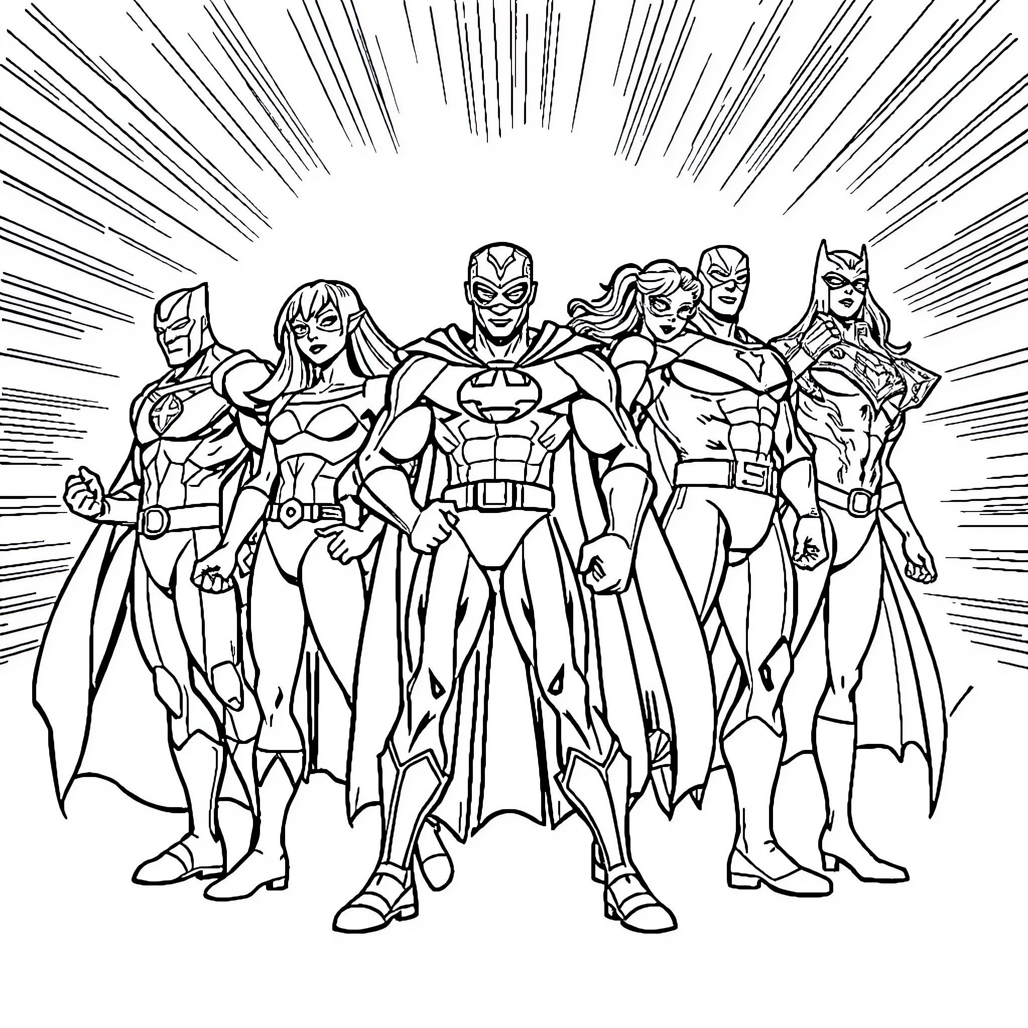 Superhero team assembling for action Coloring Page (free black-and-white line drawing printable PDF for all, from beginners to advanced learners, including children, teens, adults, and seniors)