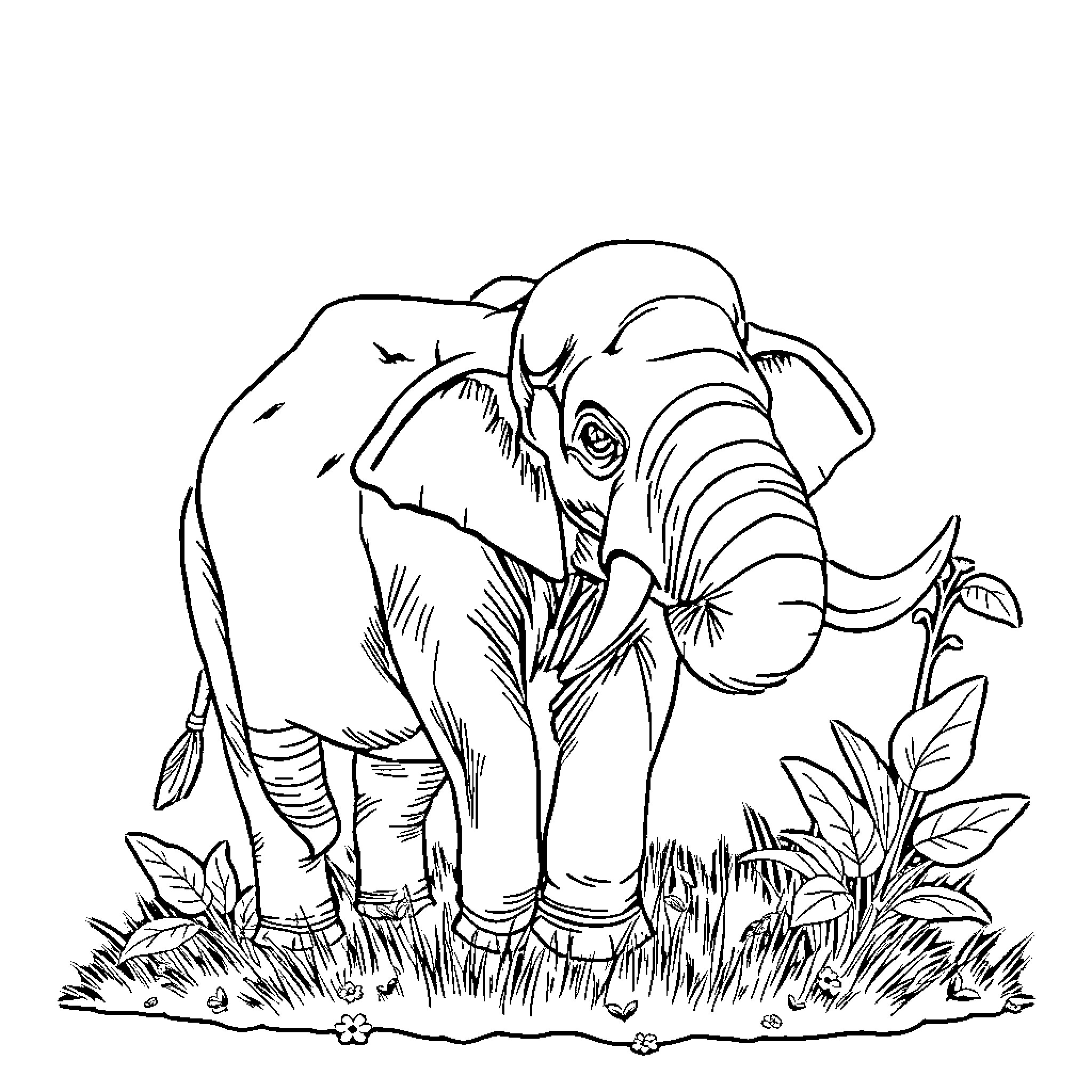 Elephant in the Wild Jungle Landscape Coloring Page (free black-and-white line drawing printable PDF for all, from beginners to advanced learners, including children, teens, adults, and seniors)