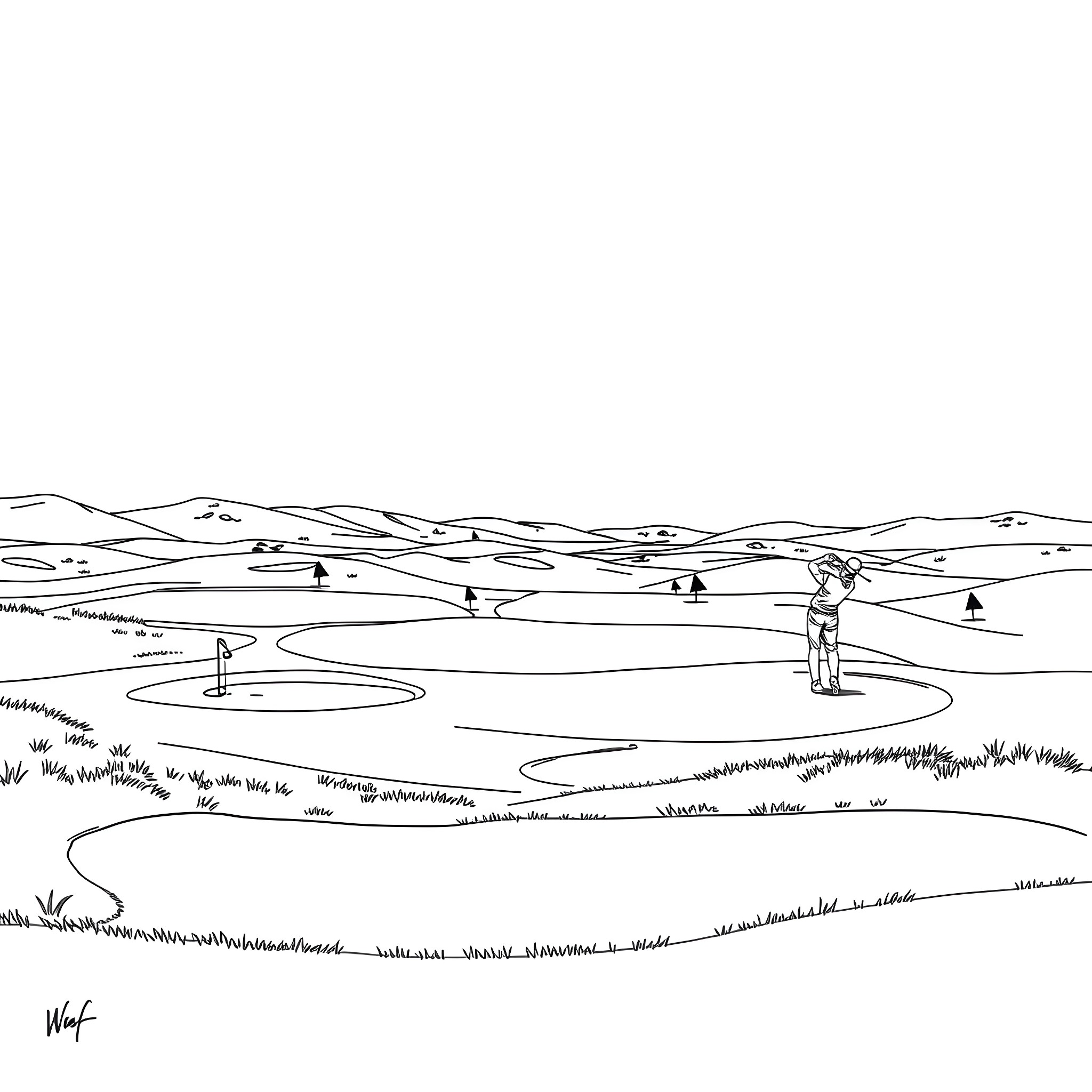 Golf Landscape with Golfer in Scenic Hills Coloring Page (free black-and-white line drawing printable PDF for all, from beginners to advanced learners, including children, teens, adults, and seniors)