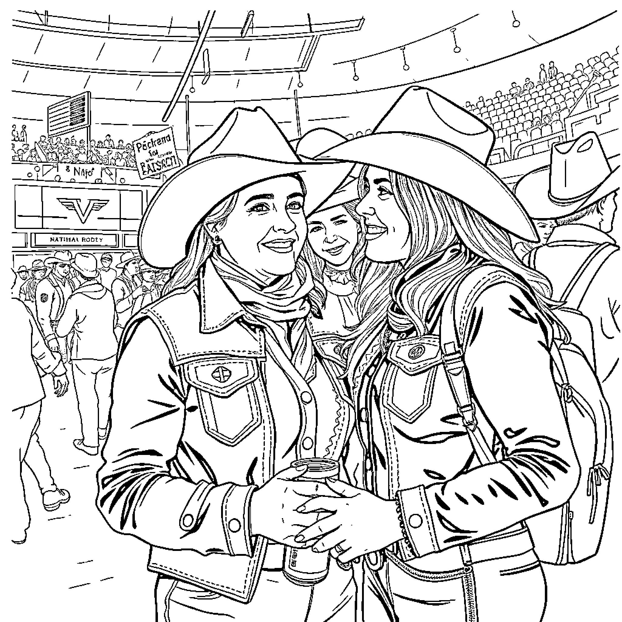 Roseanna's Cowgirl Adventures at the Rodeo Coloring Page (free black-and-white line drawing printable PDF for all, from beginners to advanced learners, including children, teens, adults, and seniors)