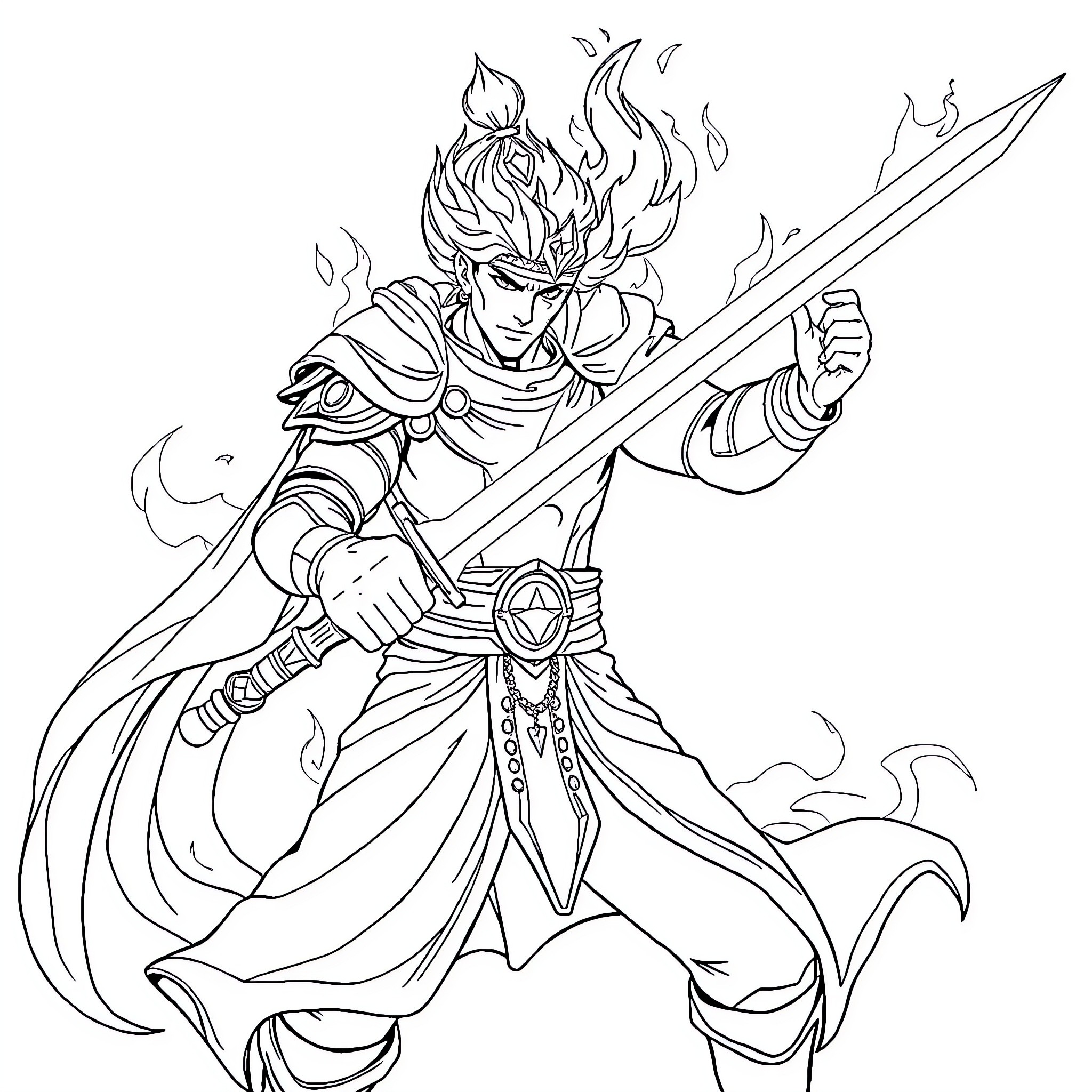 Half Genie Warrior Wielding Flaming Sword in Battle Coloring Page (free black-and-white line drawing printable PDF for all, from beginners to advanced learners, including children, teens, adults, and seniors)
