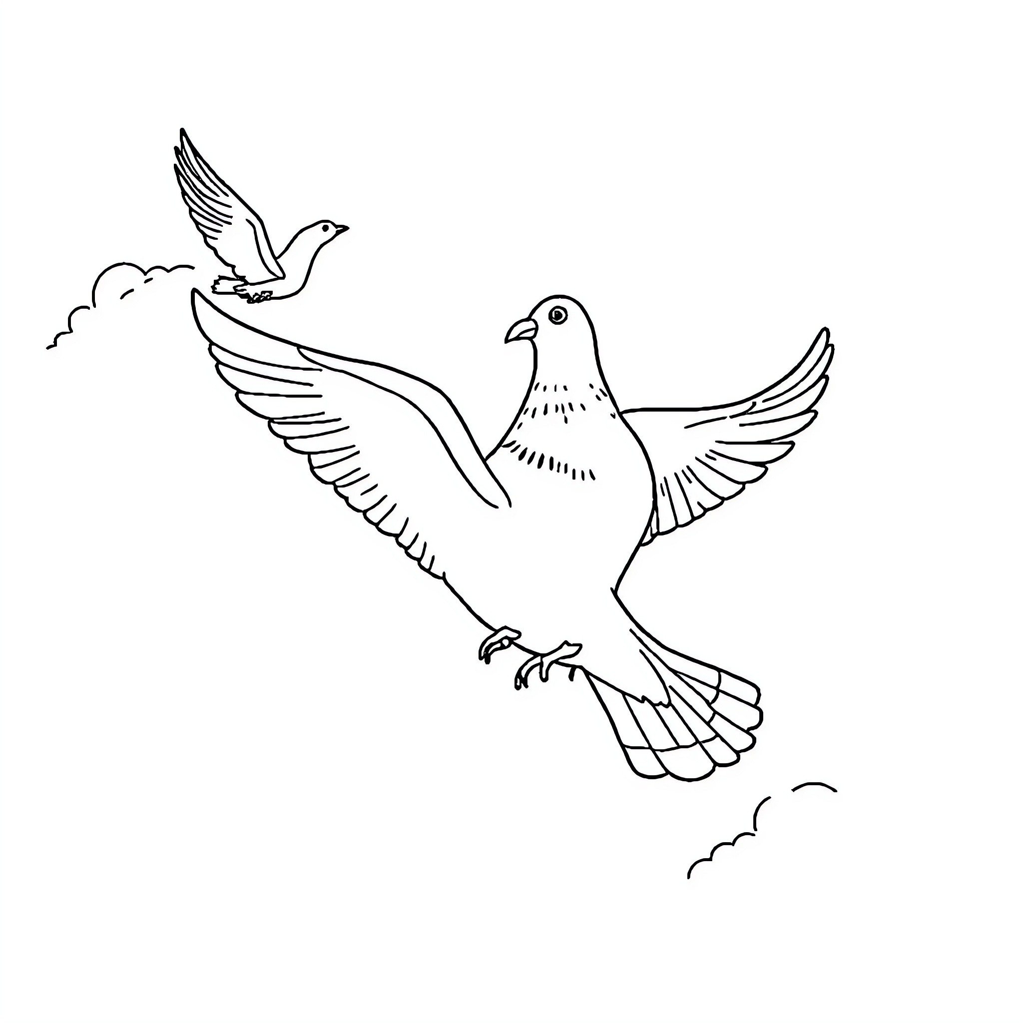 Pigeons soaring gracefully in the sky Coloring Page (free black-and-white line drawing printable PDF for all, from beginners to advanced learners, including children, teens, adults, and seniors)