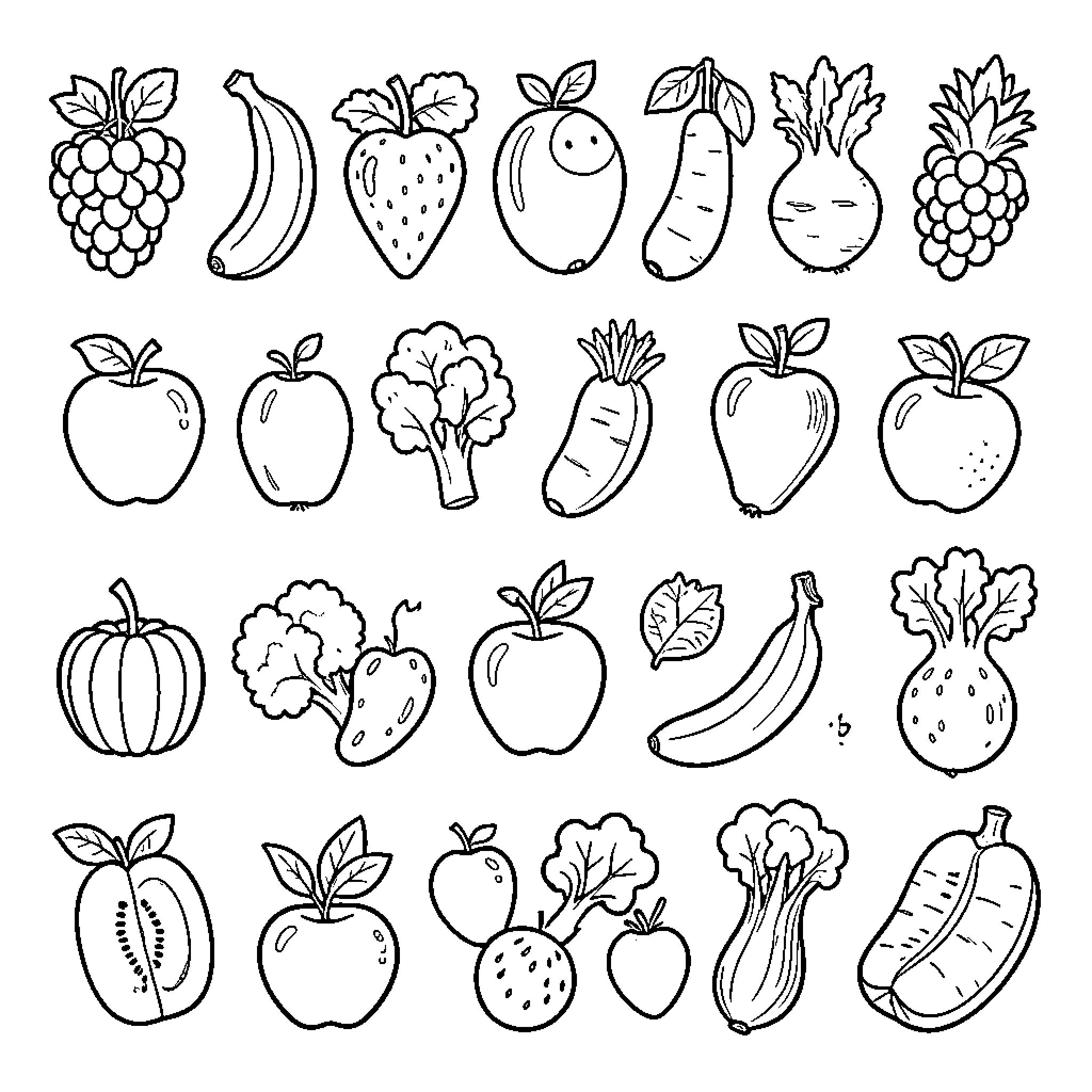 Fruit and Vegetable Doodles Coloring Page (free black-and-white line drawing printable PDF for all, from beginners to advanced learners, including children, teens, adults, and seniors)