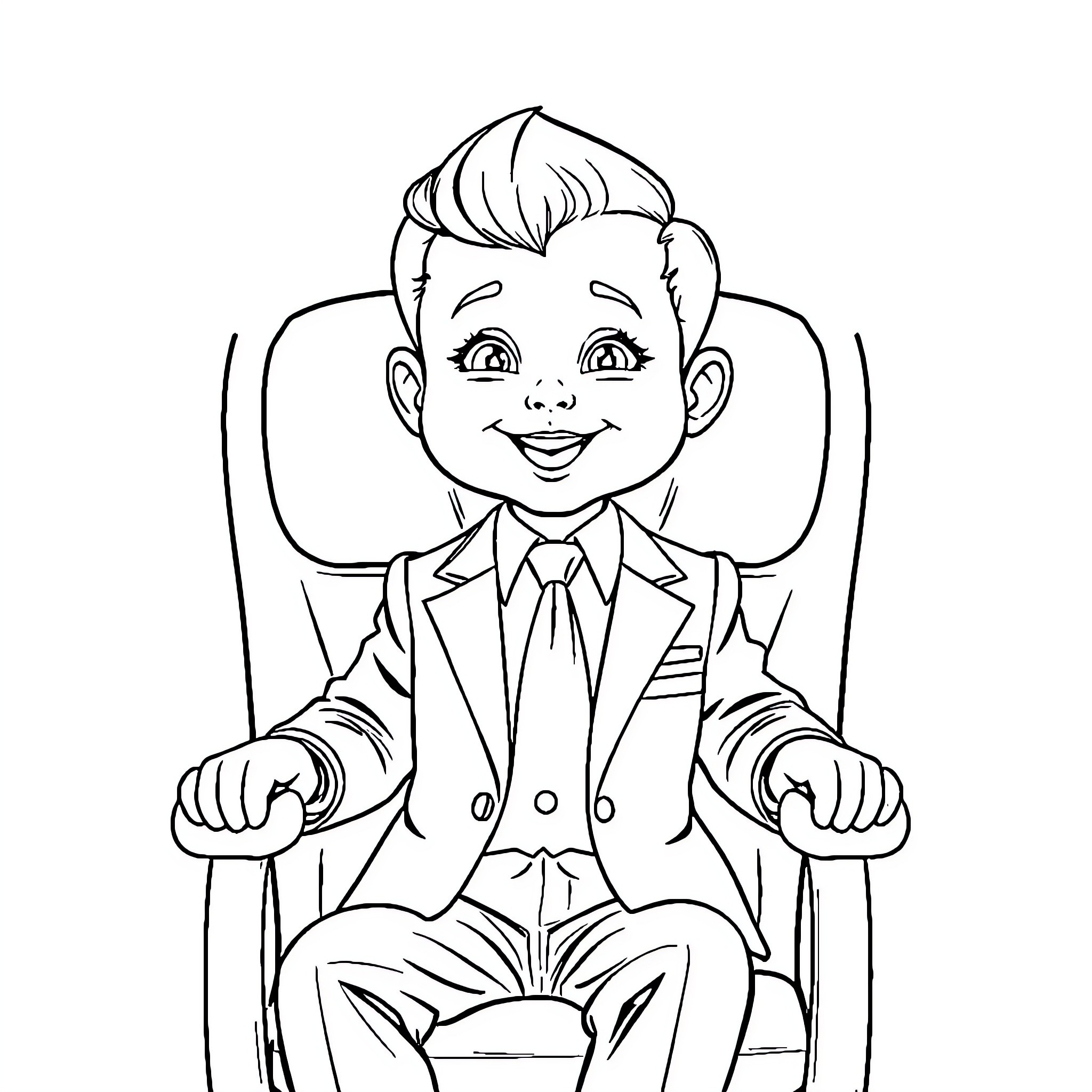 Babyboss sitting proudly in his chair Coloring Page (free black-and-white line drawing printable PDF for all, from beginners to advanced learners, including children, teens, adults, and seniors)