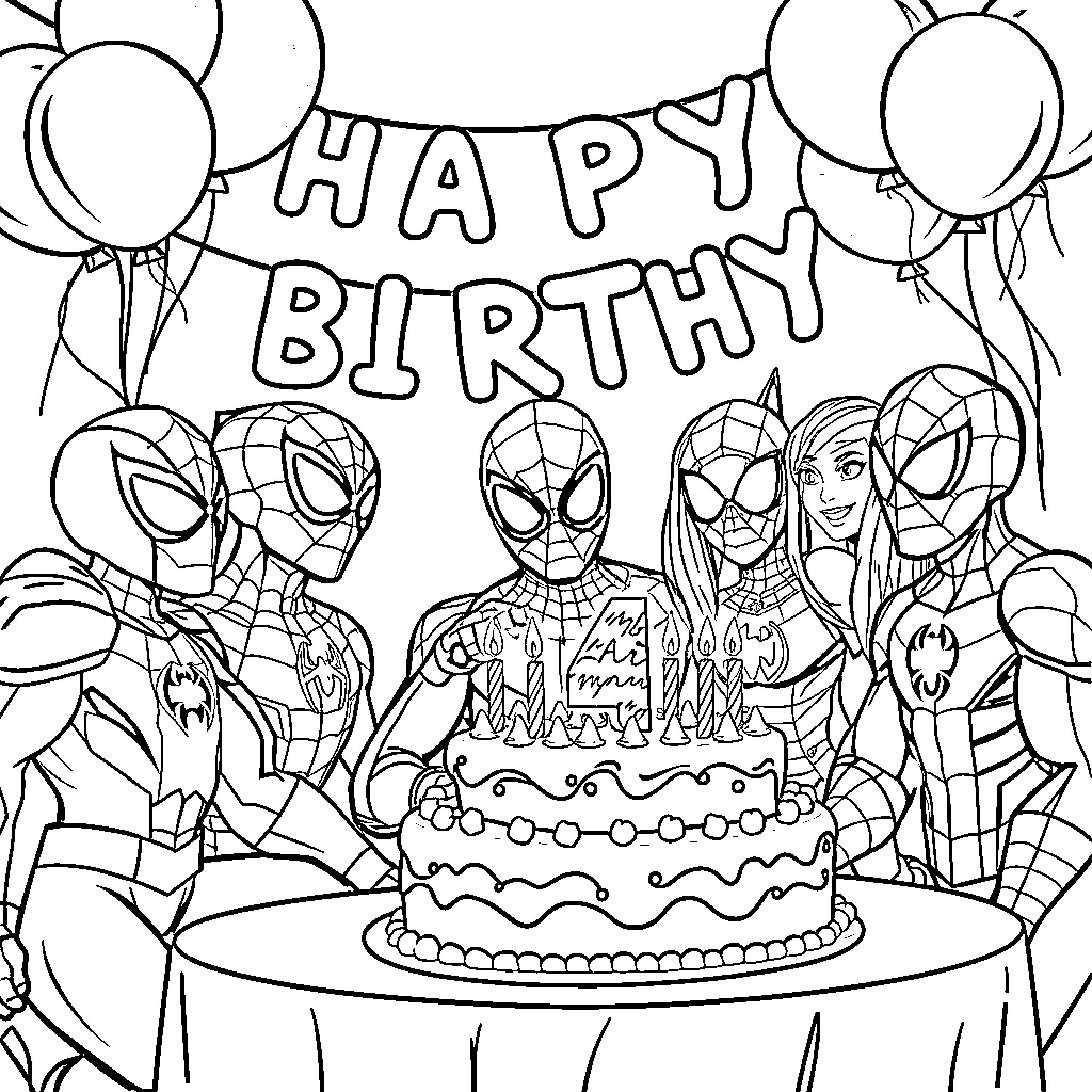 Spiderman characters celebrate happy birthday with cake and balloons Coloring Page (free black-and-white line drawing printable PDF for all, from beginners to advanced learners, including children, teens, adults, and seniors)