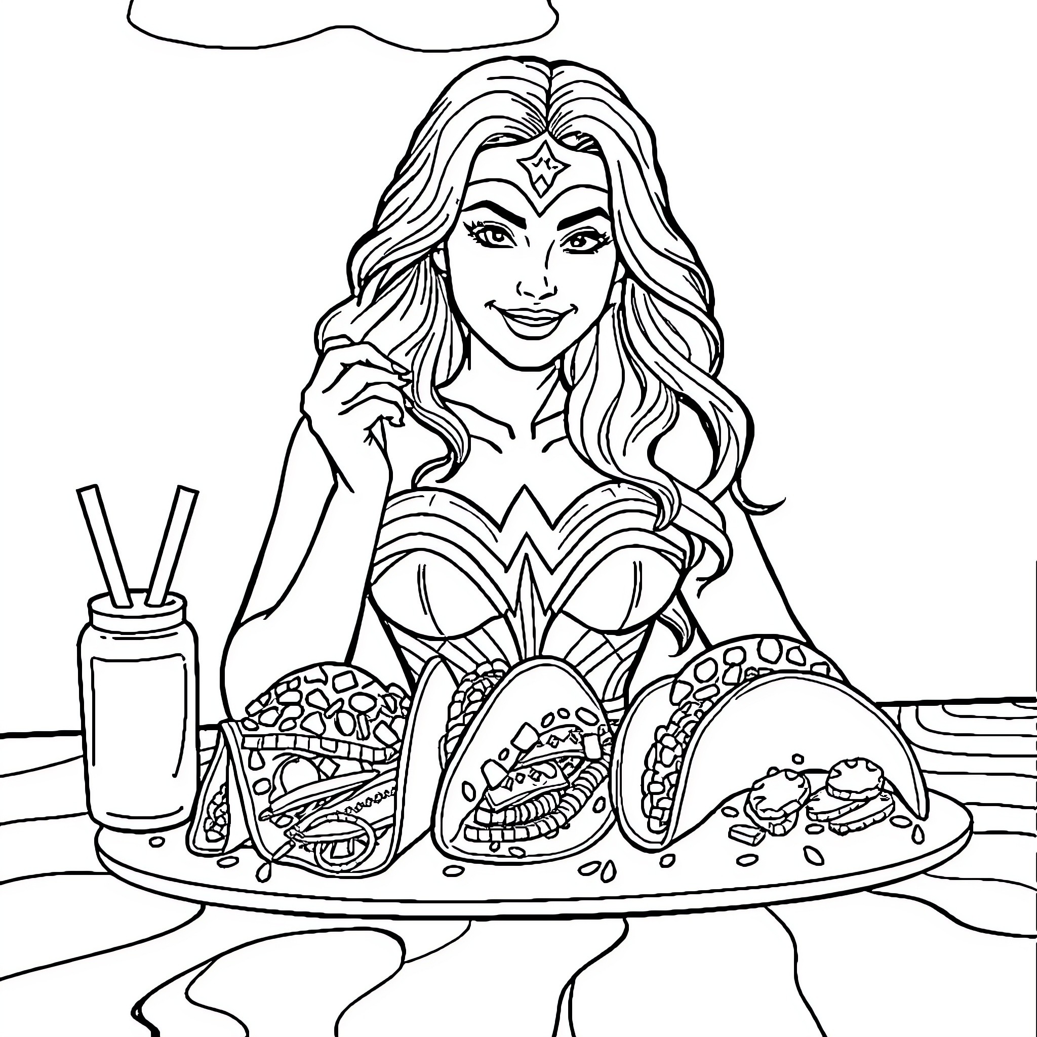 Wonder Woman enjoying a delicious meal Coloring Page (free black-and-white line drawing printable PDF for all, from beginners to advanced learners, including children, teens, adults, and seniors)