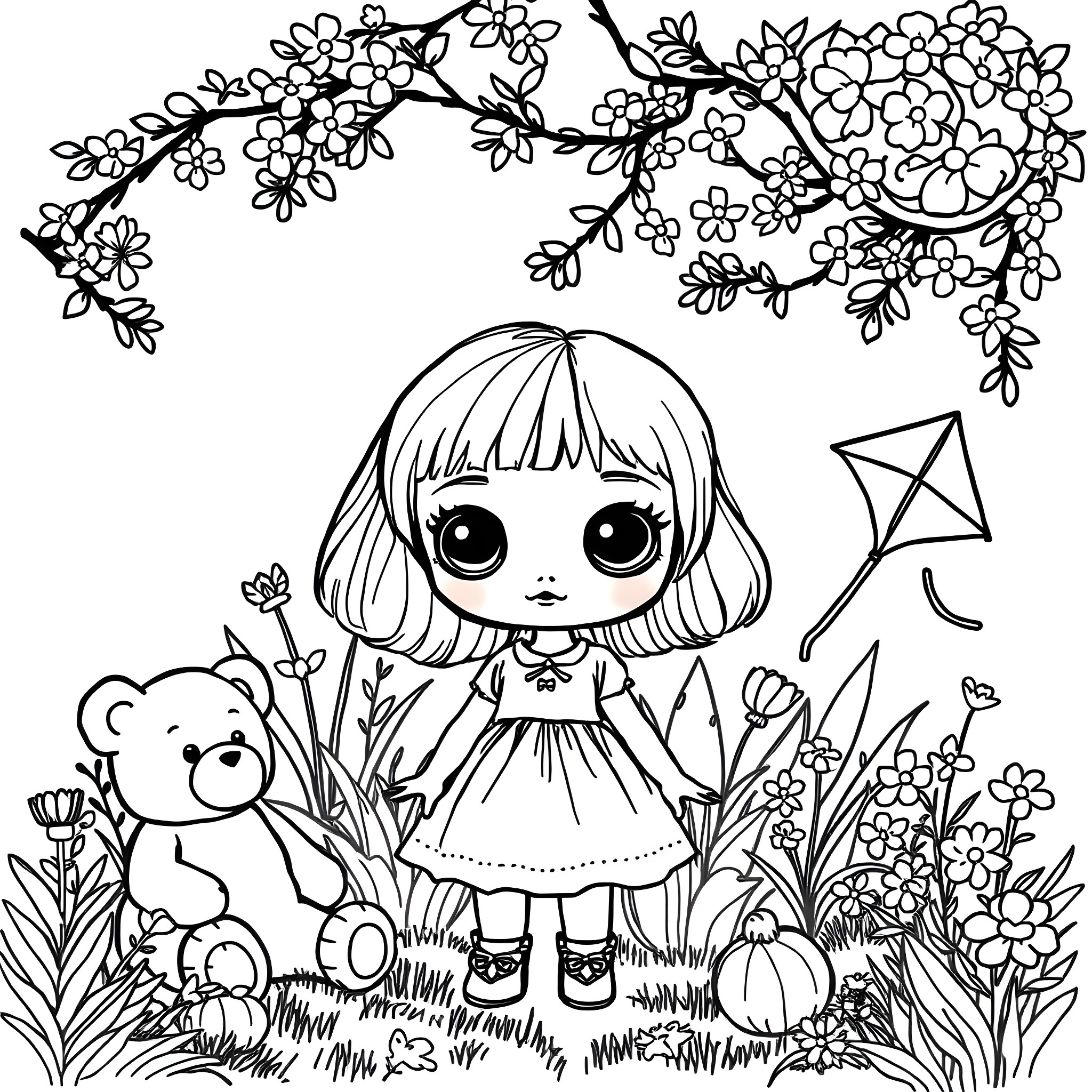 Doll playing with teddy bear in flowery garden Coloring Page (free black-and-white line drawing printable PDF for all, from beginners to advanced learners, including children, teens, adults, and seniors)