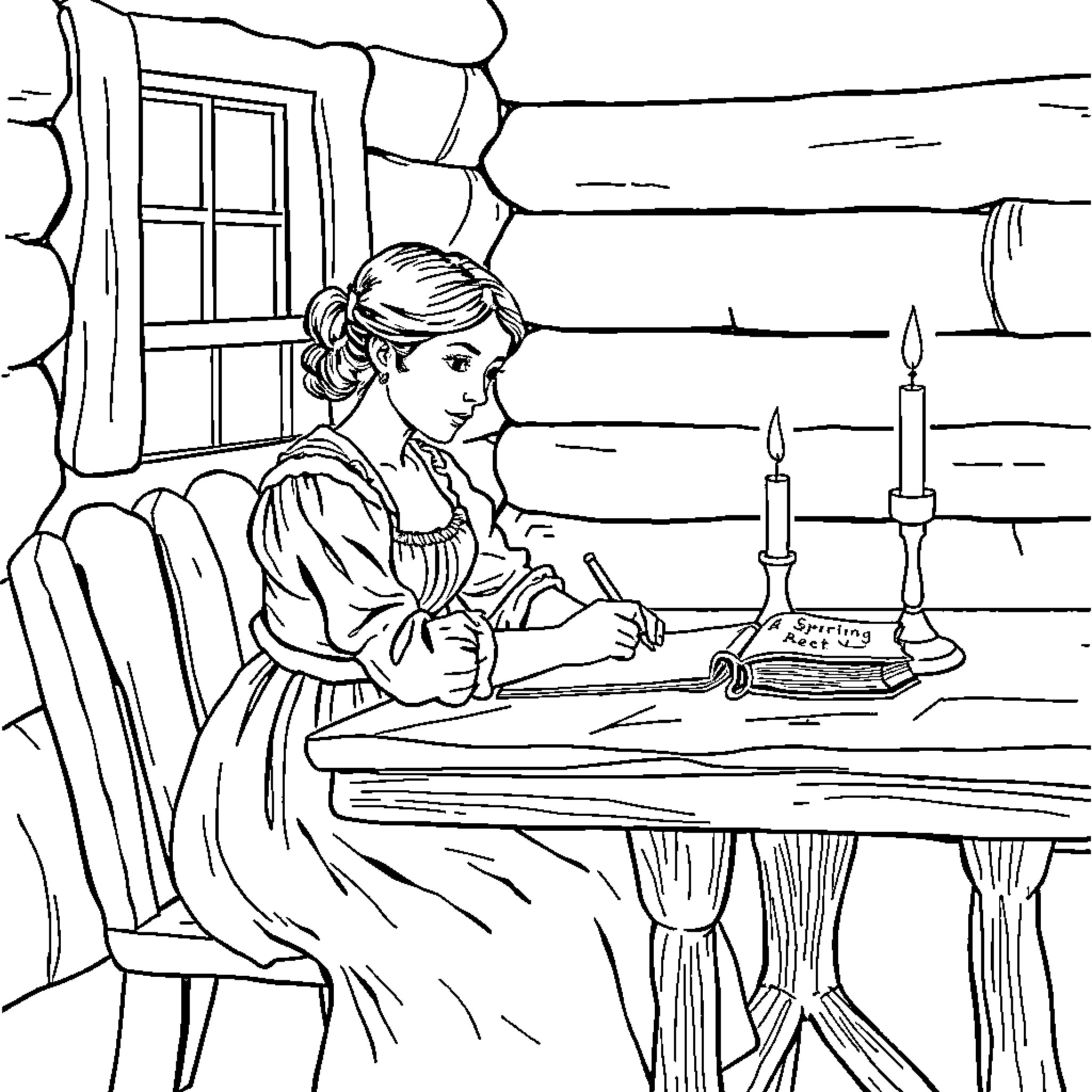 Laura Ingalls writing by candlelight in her cabin Coloring Page (free black-and-white line drawing printable PDF for all, from beginners to advanced learners, including children, teens, adults, and seniors)