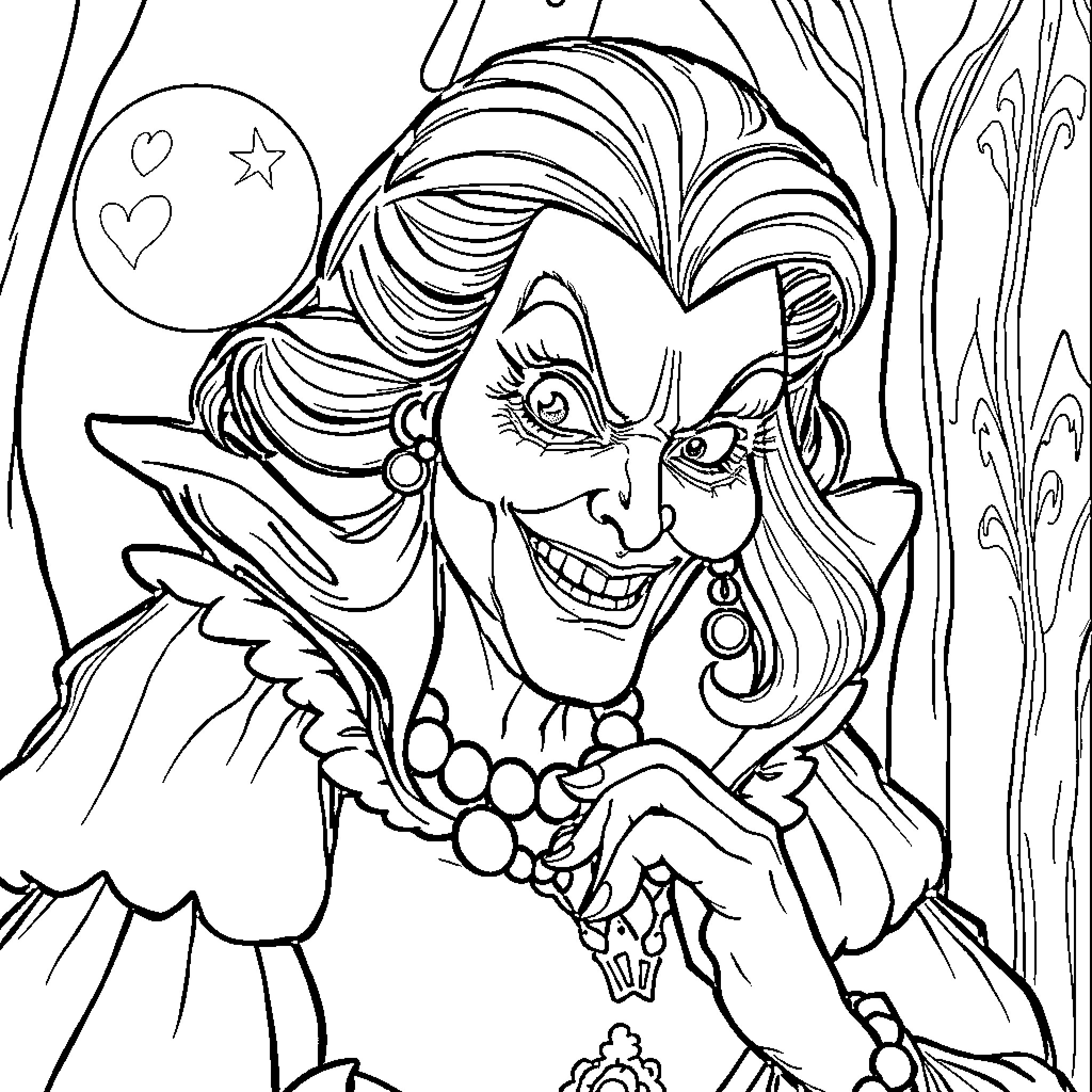 Stepmom witch with mischievous expression Coloring Page (free black-and-white line drawing printable PDF for all, from beginners to advanced learners, including children, teens, adults, and seniors)