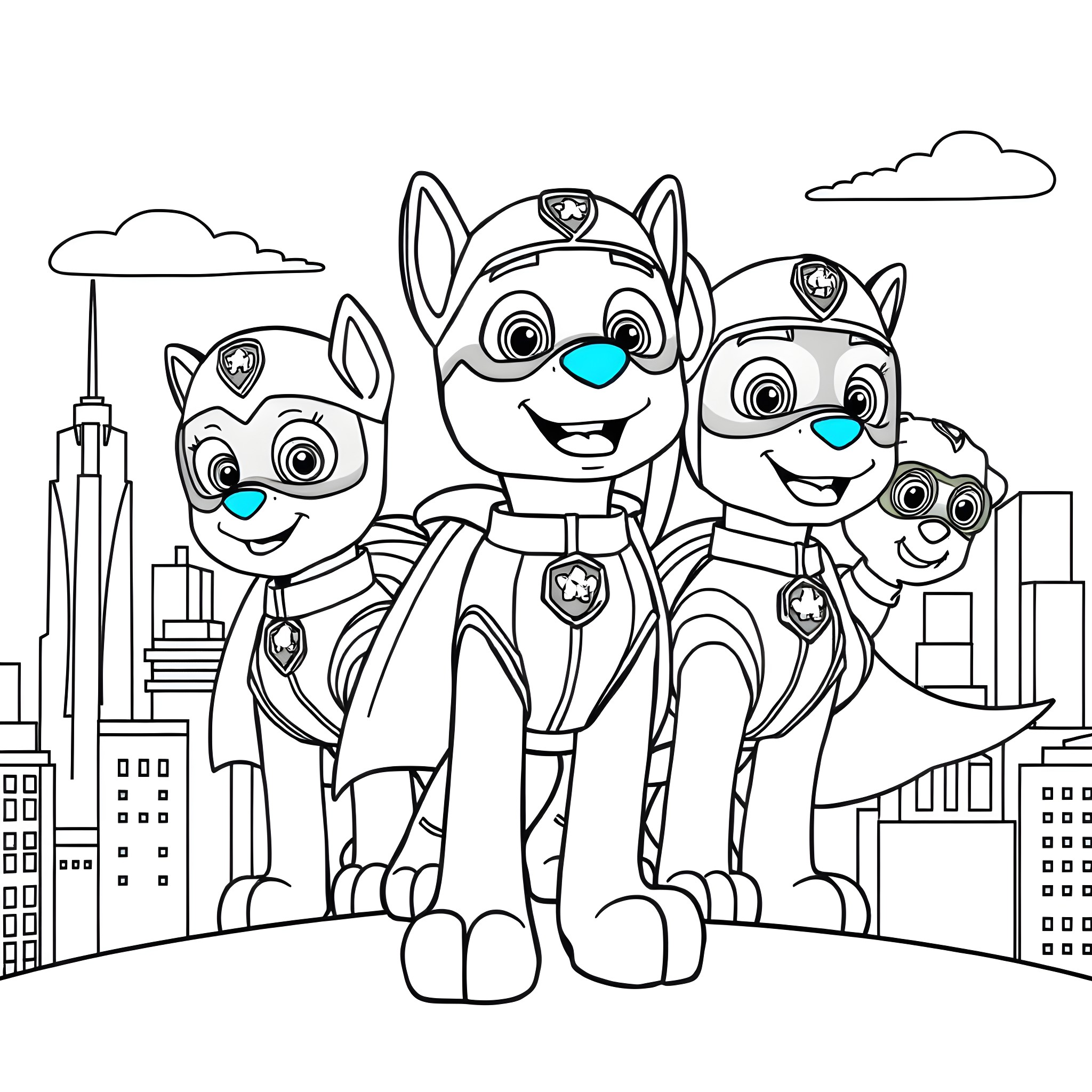 Superhero Pups Saving the City Coloring Page (free black-and-white line drawing printable PDF for all, from beginners to advanced learners, including children, teens, adults, and seniors)