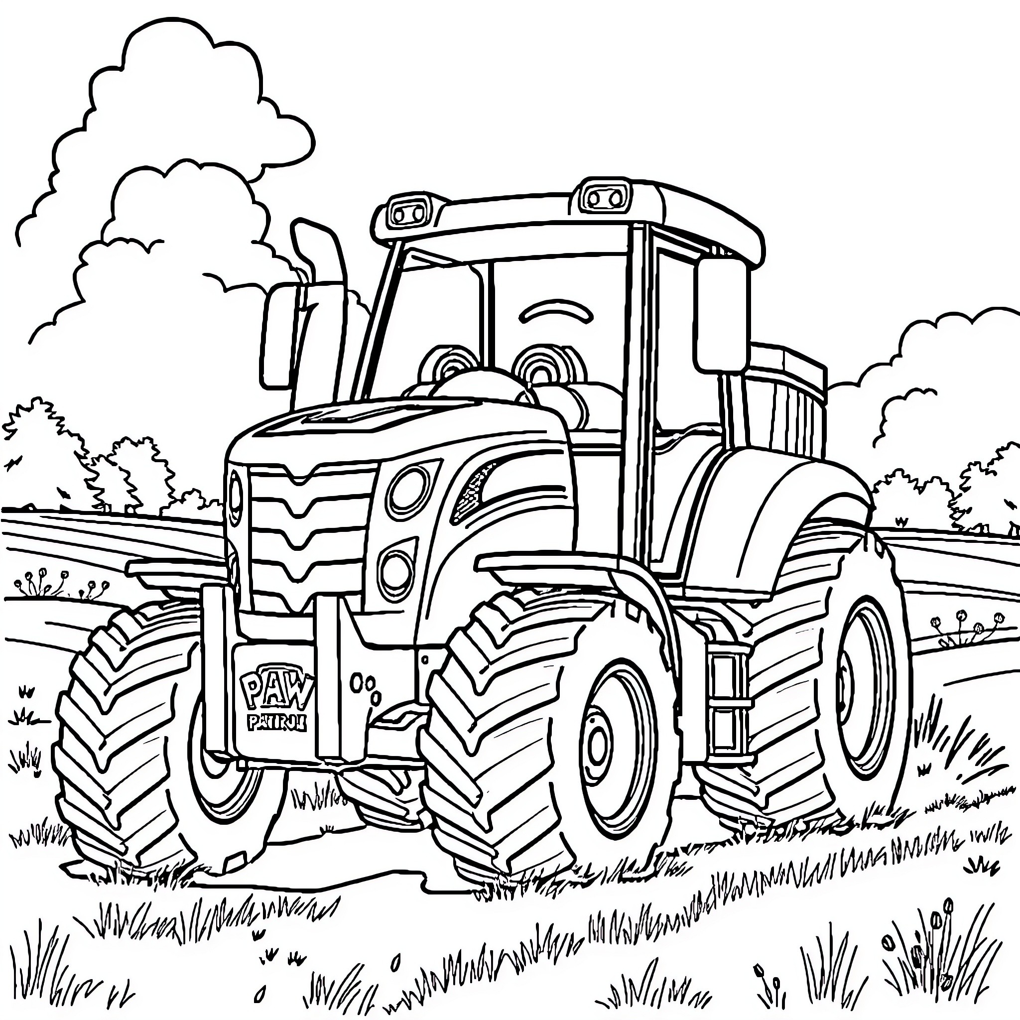 Paw Patrol Tractor Working on the Farm Coloring Page (free black-and-white line drawing printable PDF for all, from beginners to advanced learners, including children, teens, adults, and seniors)
