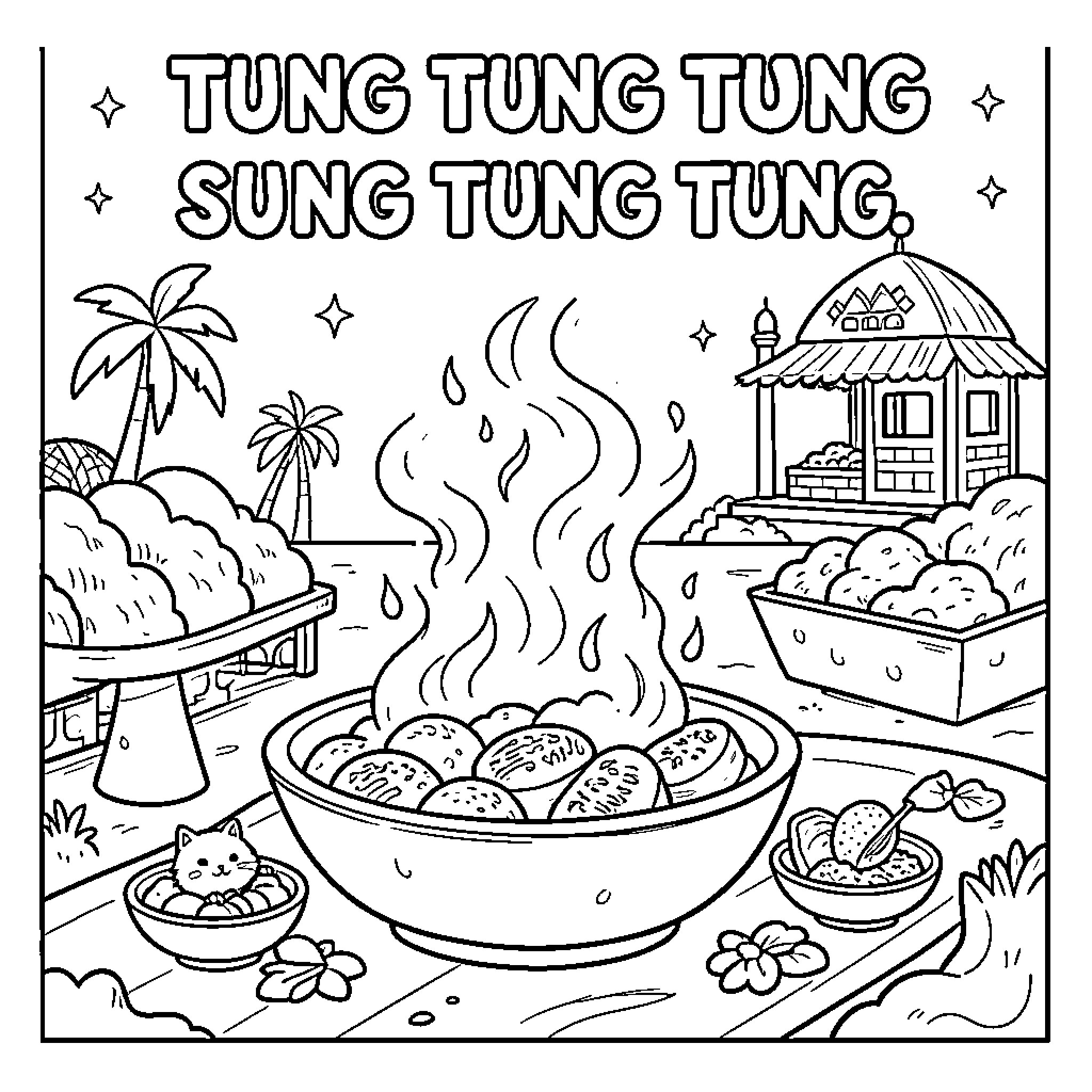 Sahur of family gathering enjoying traditional meal Coloring Page (free black-and-white line drawing printable PDF for all, from beginners to advanced learners, including children, teens, adults, and seniors)