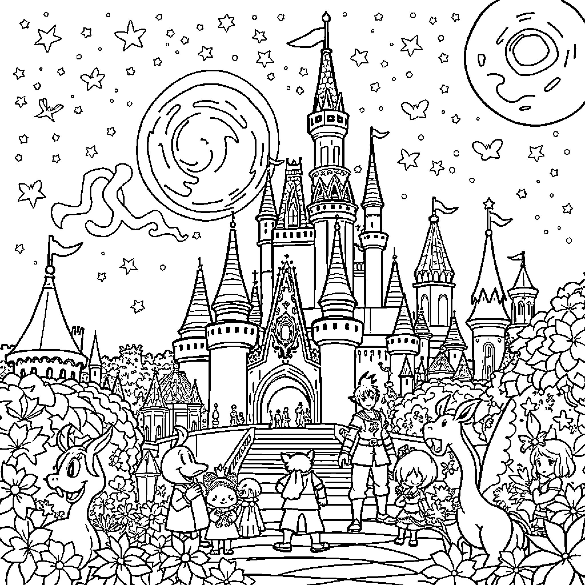 Kingdom Hearts: Magical Castle and Characters Adventure Coloring Page (free black-and-white line drawing printable PDF for all, from beginners to advanced learners, including children, teens, adults, and seniors)