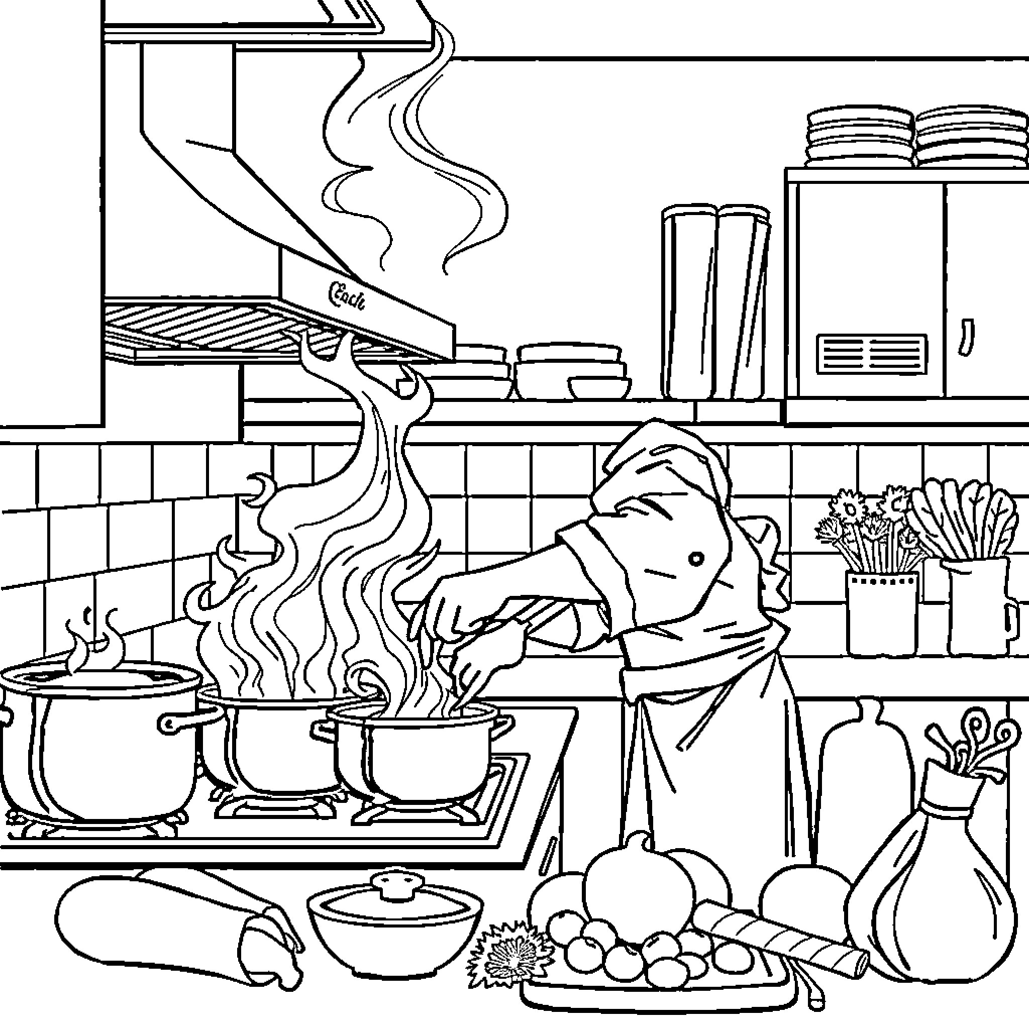 Chef preparing a meal in a busy kitchen Coloring Page (free black-and-white line drawing printable PDF for all, from beginners to advanced learners, including children, teens, adults, and seniors)