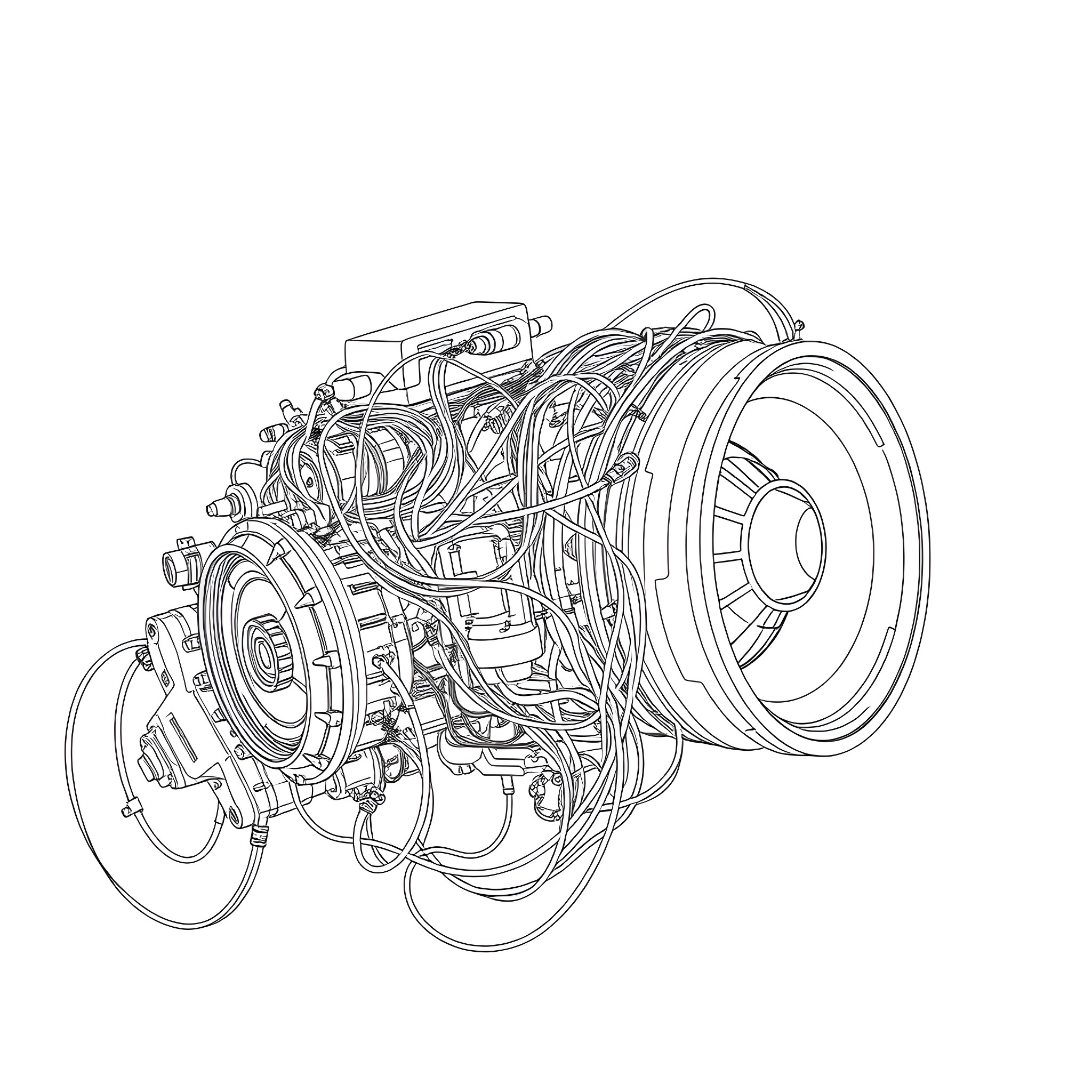 Wiring Harness of Automotive Engine Coloring Page (free black-and-white line drawing printable PDF for all, from beginners to advanced learners, including children, teens, adults, and seniors)