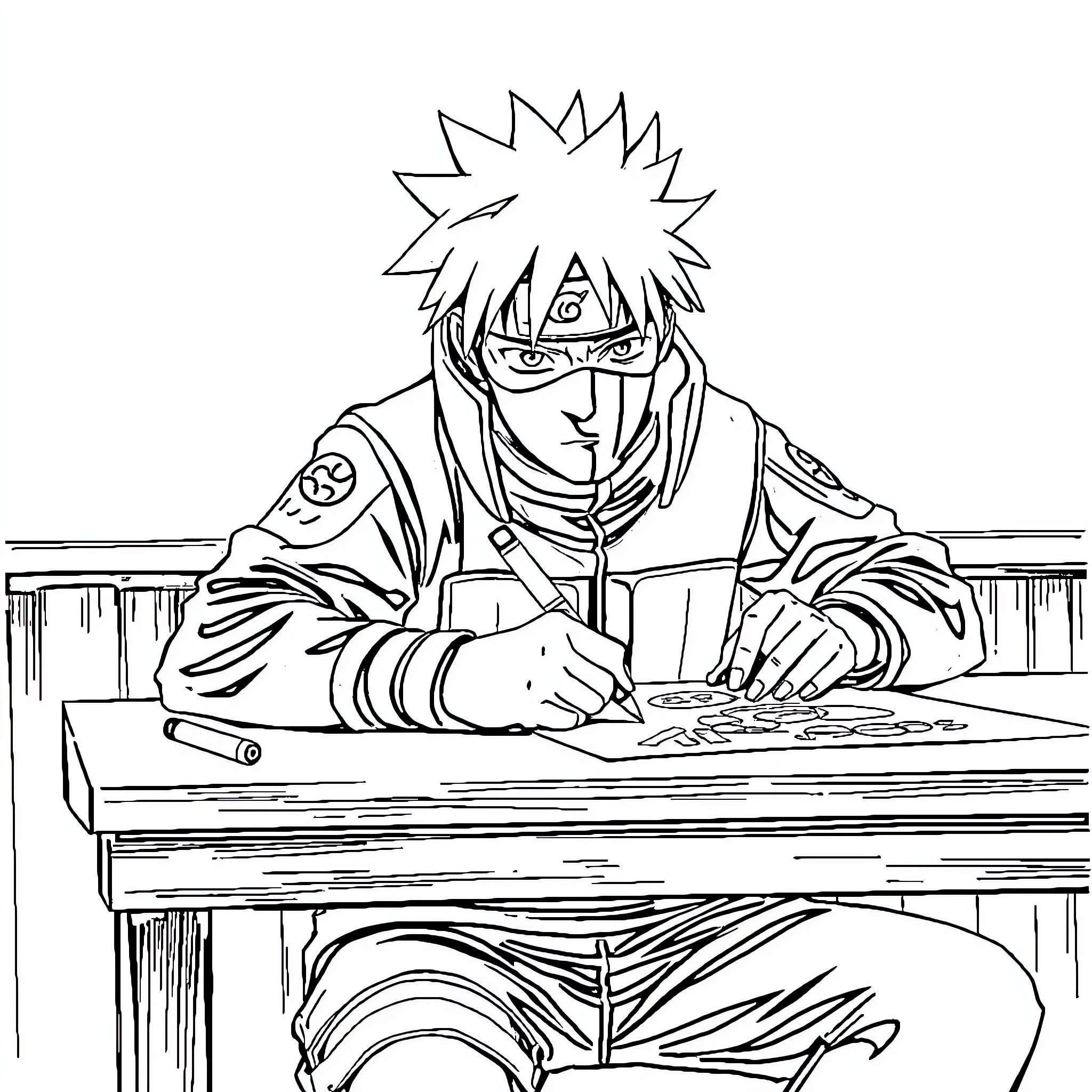 Kakashi focused on writing work intently Coloring Page (free black-and-white line drawing printable PDF for all, from beginners to advanced learners, including children, teens, adults, and seniors)