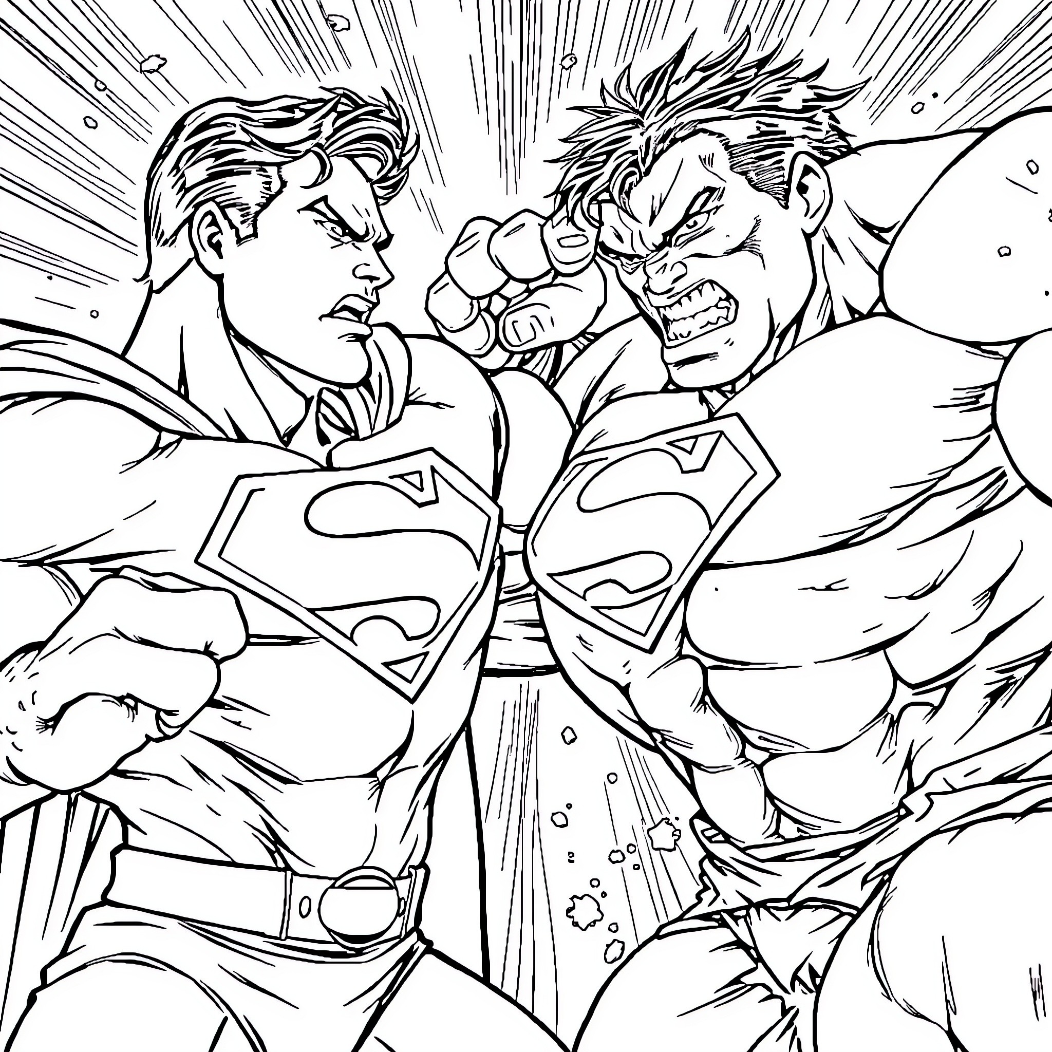 Superman and Hulk Clash in Dramatic Battle Coloring Page (free black-and-white line drawing printable PDF for all, from beginners to advanced learners, including children, teens, adults, and seniors)