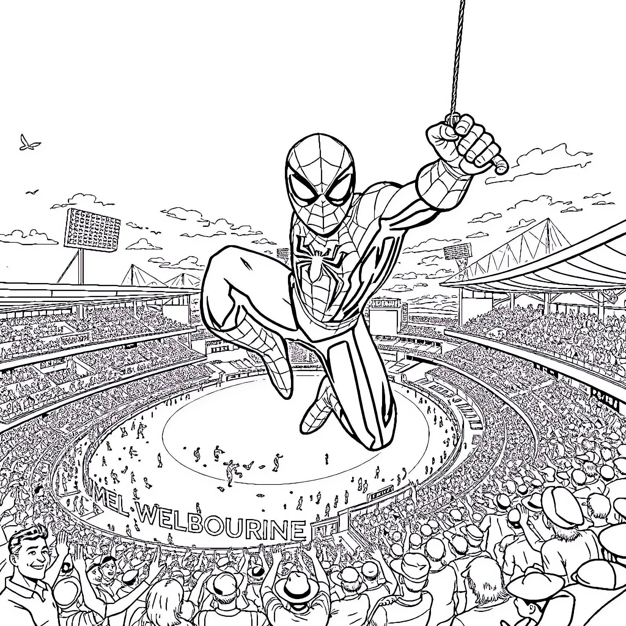Spider-Man swinging over a crowded sports stadium Coloring Page (free black-and-white line drawing printable PDF for all, from beginners to advanced learners, including children, teens, adults, and seniors)
