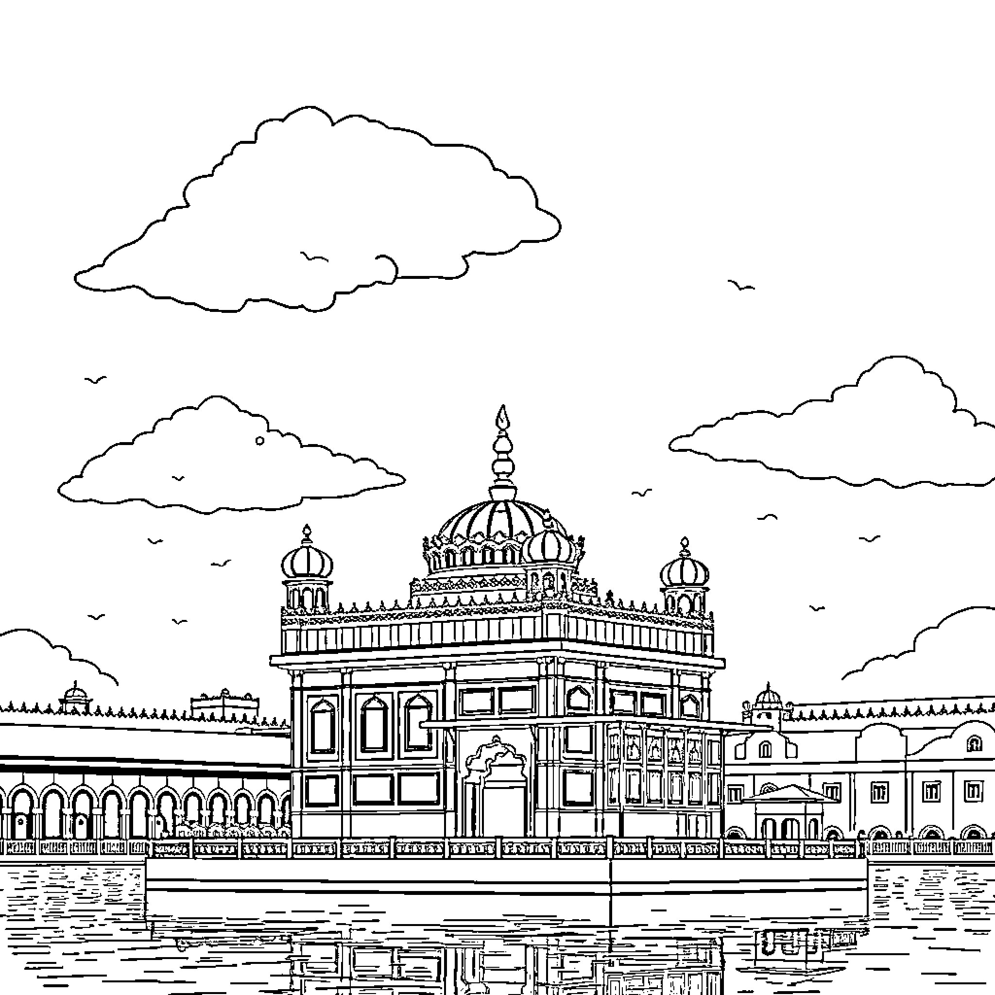 Temple of splendor and majesty by the water Coloring Page (free black-and-white line drawing printable PDF for all, from beginners to advanced learners, including children, teens, adults, and seniors)