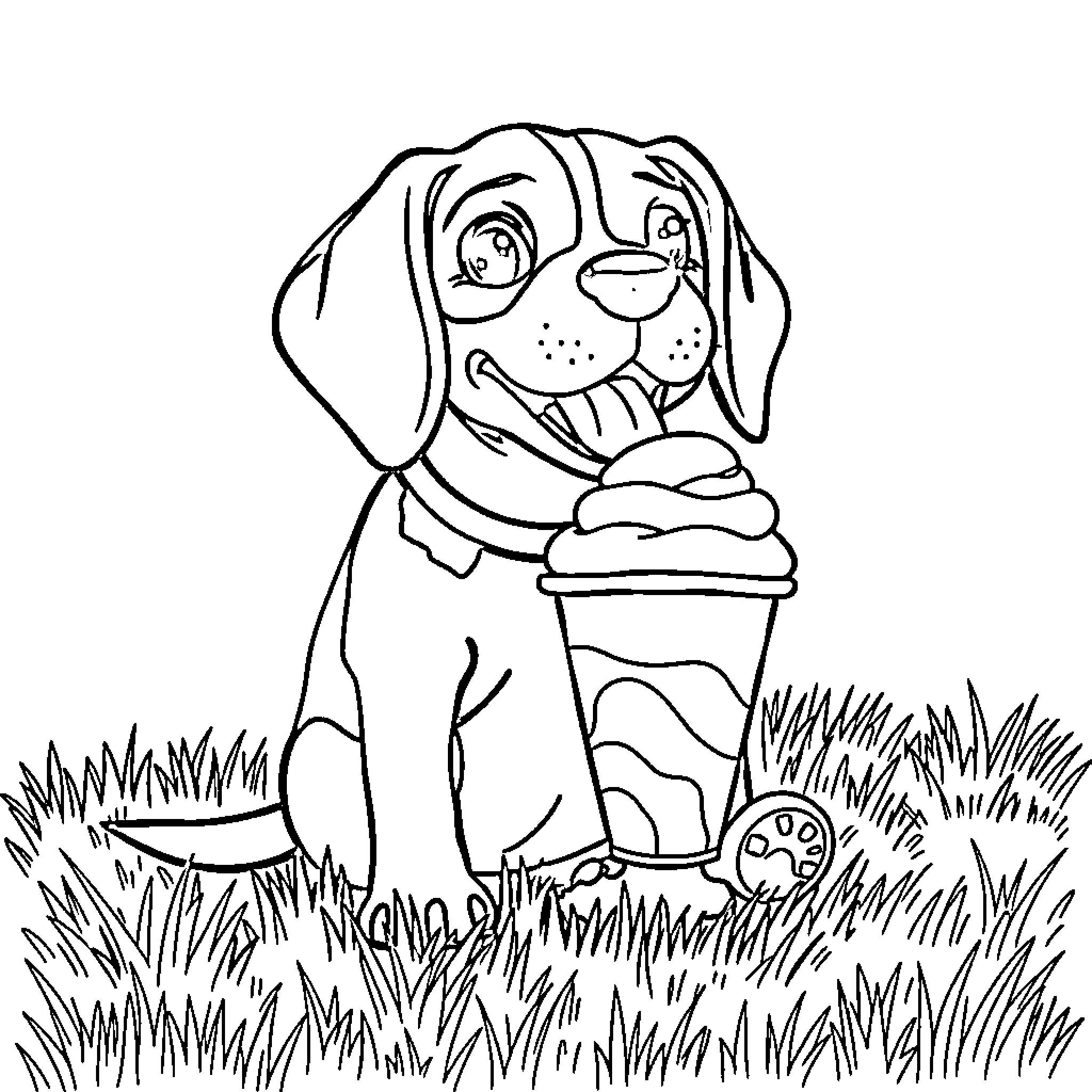 Beagle enjoying a tasty treat in the grass Coloring Page (free black-and-white line drawing printable PDF for all, from beginners to advanced learners, including children, teens, adults, and seniors)