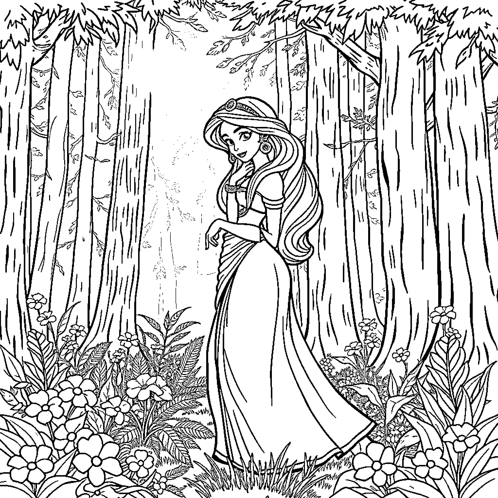 Princess Jasmine explores the enchanting forest Coloring Page (free black-and-white line drawing printable PDF for all, from beginners to advanced learners, including children, teens, adults, and seniors)