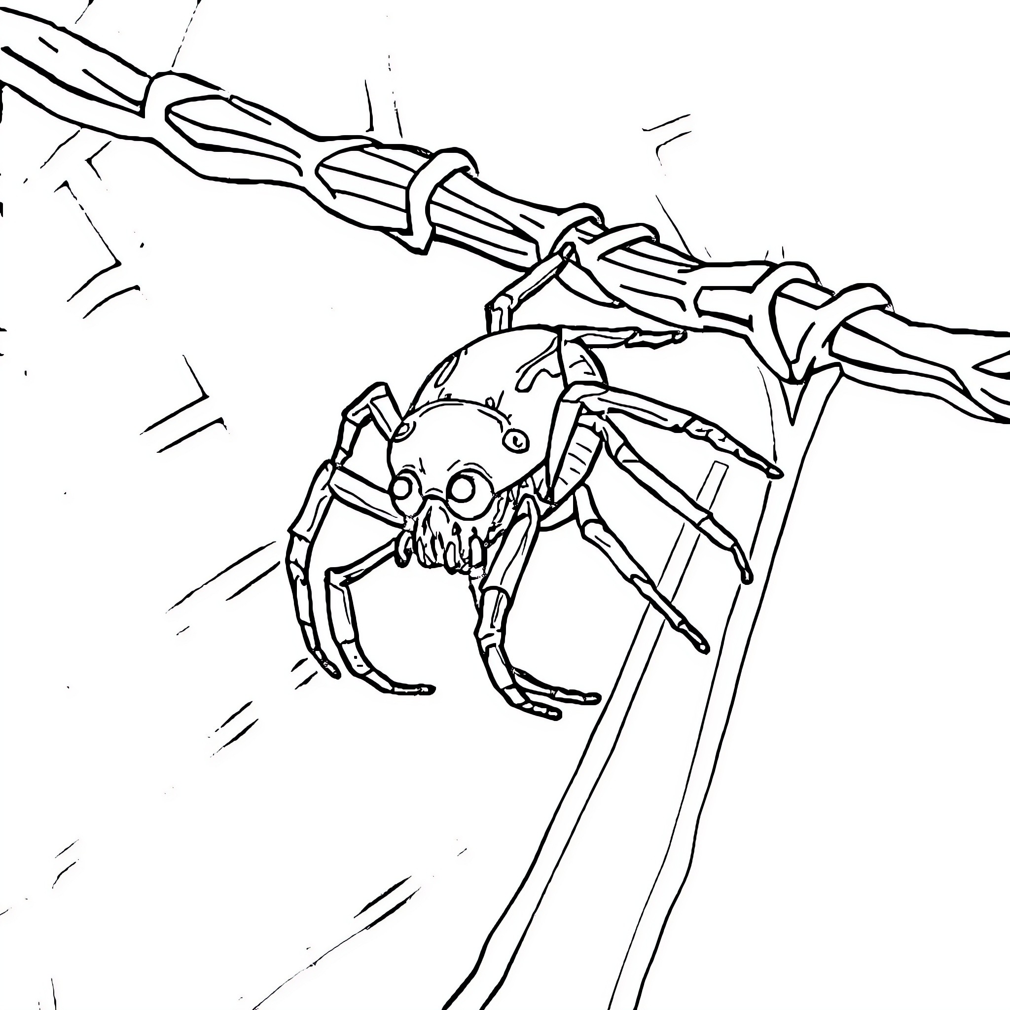Spider Crawling on Intricate Web Structure Coloring Page (free black-and-white line drawing printable PDF for all, from beginners to advanced learners, including children, teens, adults, and seniors)