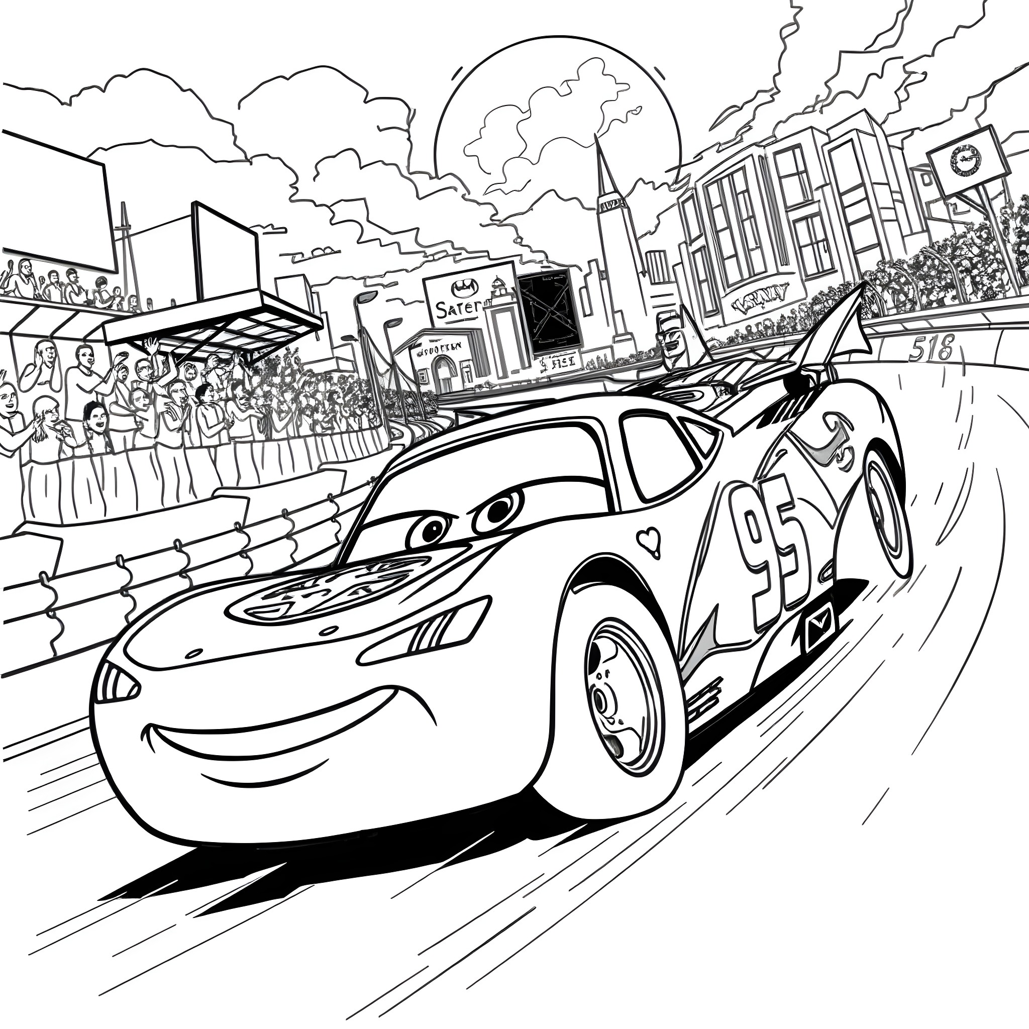 Lightning McQueen Racing Through the City Streets Coloring Page (free black-and-white line drawing printable PDF for all, from beginners to advanced learners, including children, teens, adults, and seniors)