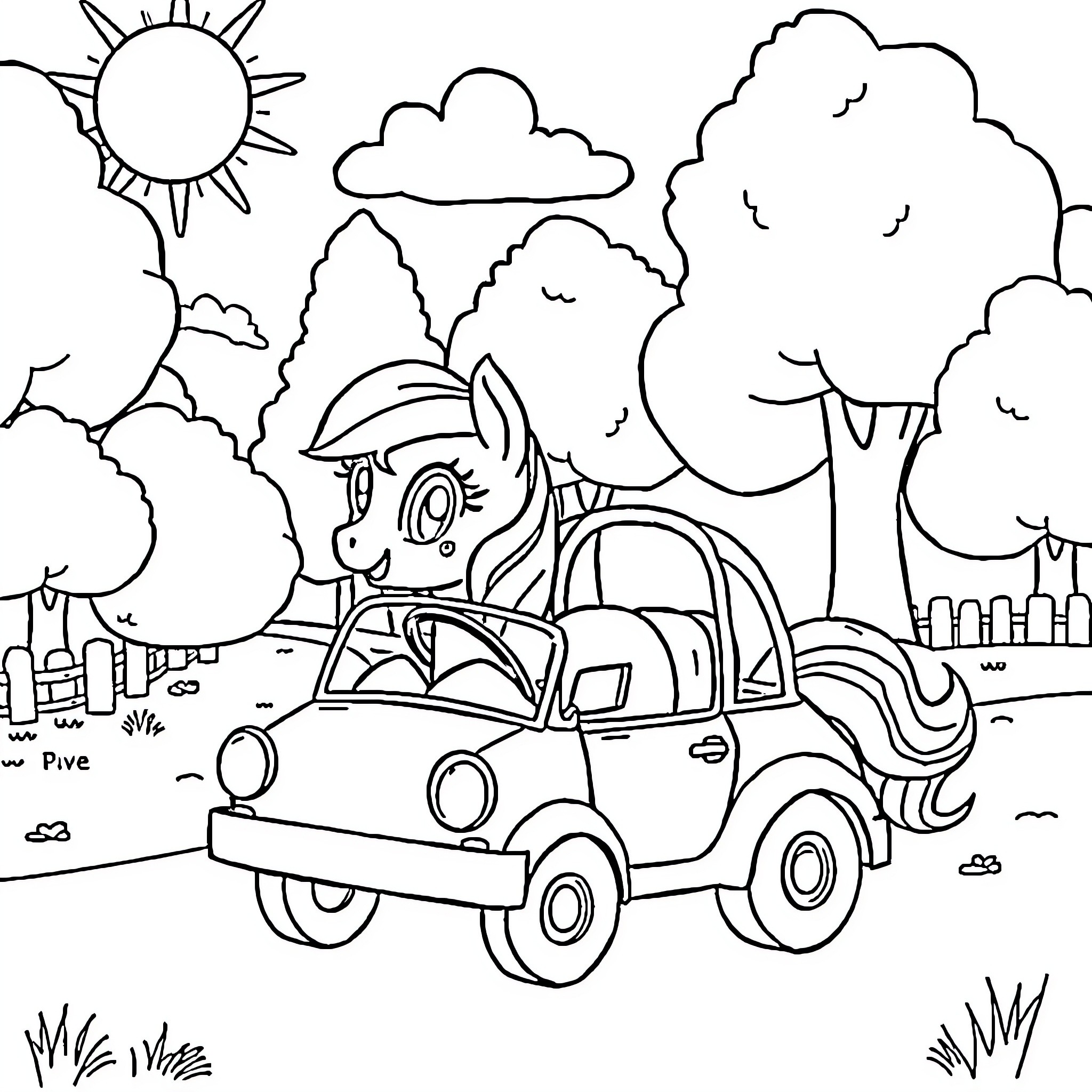 Pony driving a car in a scenic outdoor setting Coloring Page (free black-and-white line drawing printable PDF for all, from beginners to advanced learners, including children, teens, adults, and seniors)